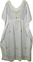 Mogul Interior Womens Kaftan Maxi Dress Cotton Gauze White Embroidered Kimono Boho Caftan L