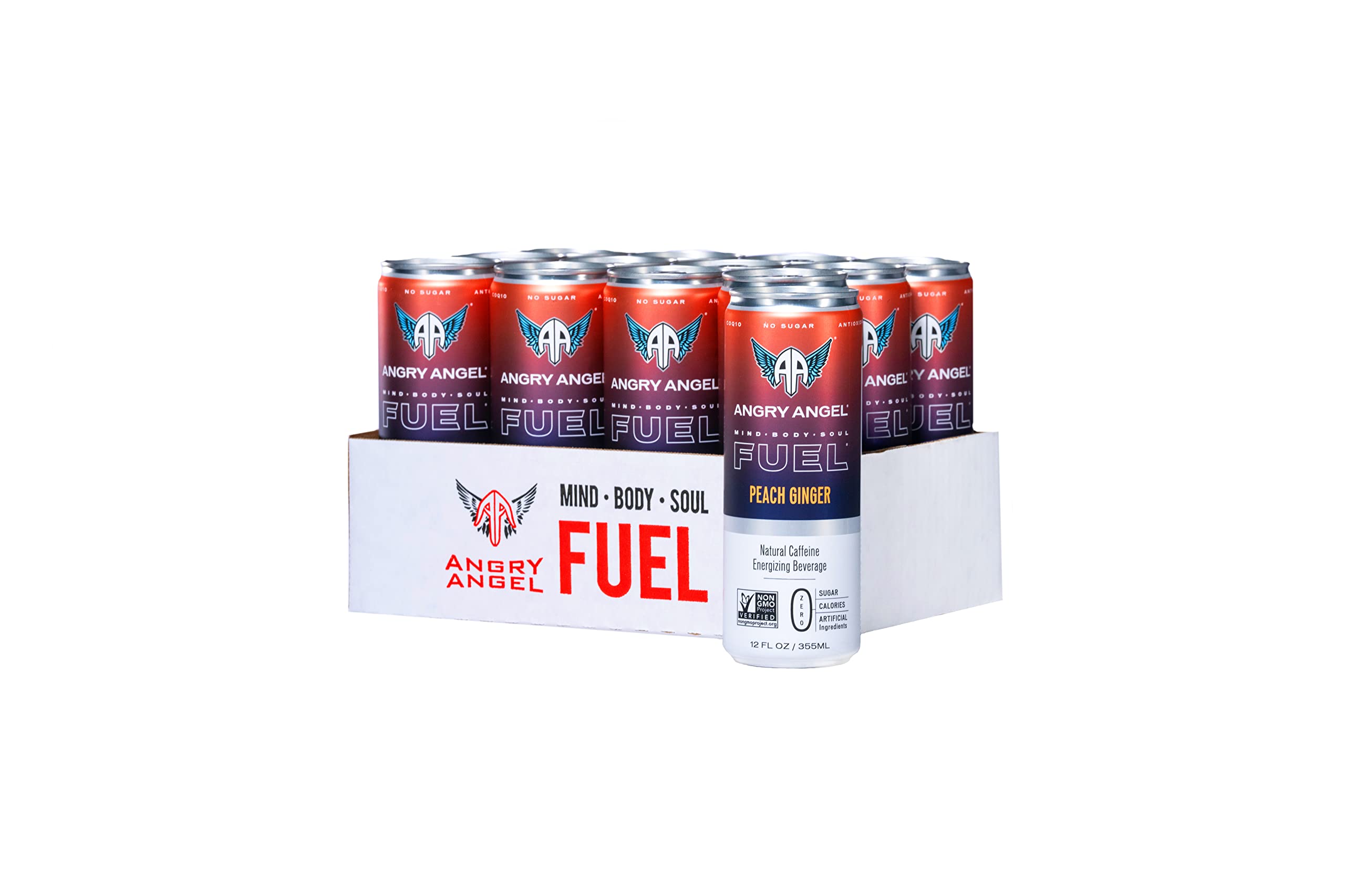 Angry Angel Peach Ginger Natural Energy + Focus Drink (12 count) - Zero Sugar - Natural Caffeine from Yerba Mate - CoQ10 - B Vitamins - 12 oz Cans