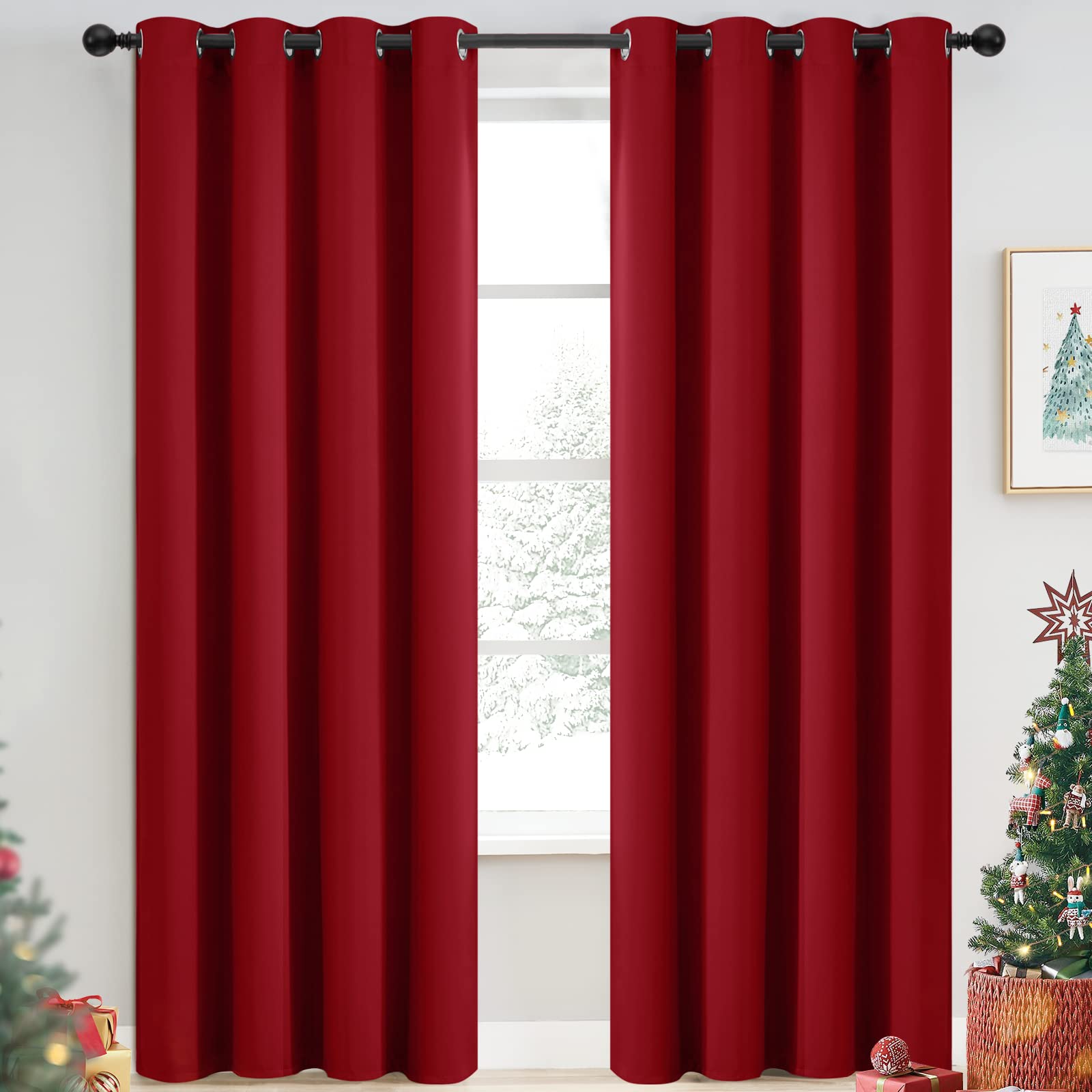 Yakamok Blackout Curtains Room Darkening Thermal Insulated Grommet top Window Curtains for Living Room, 52 x 84Inch, Red, Set of 2