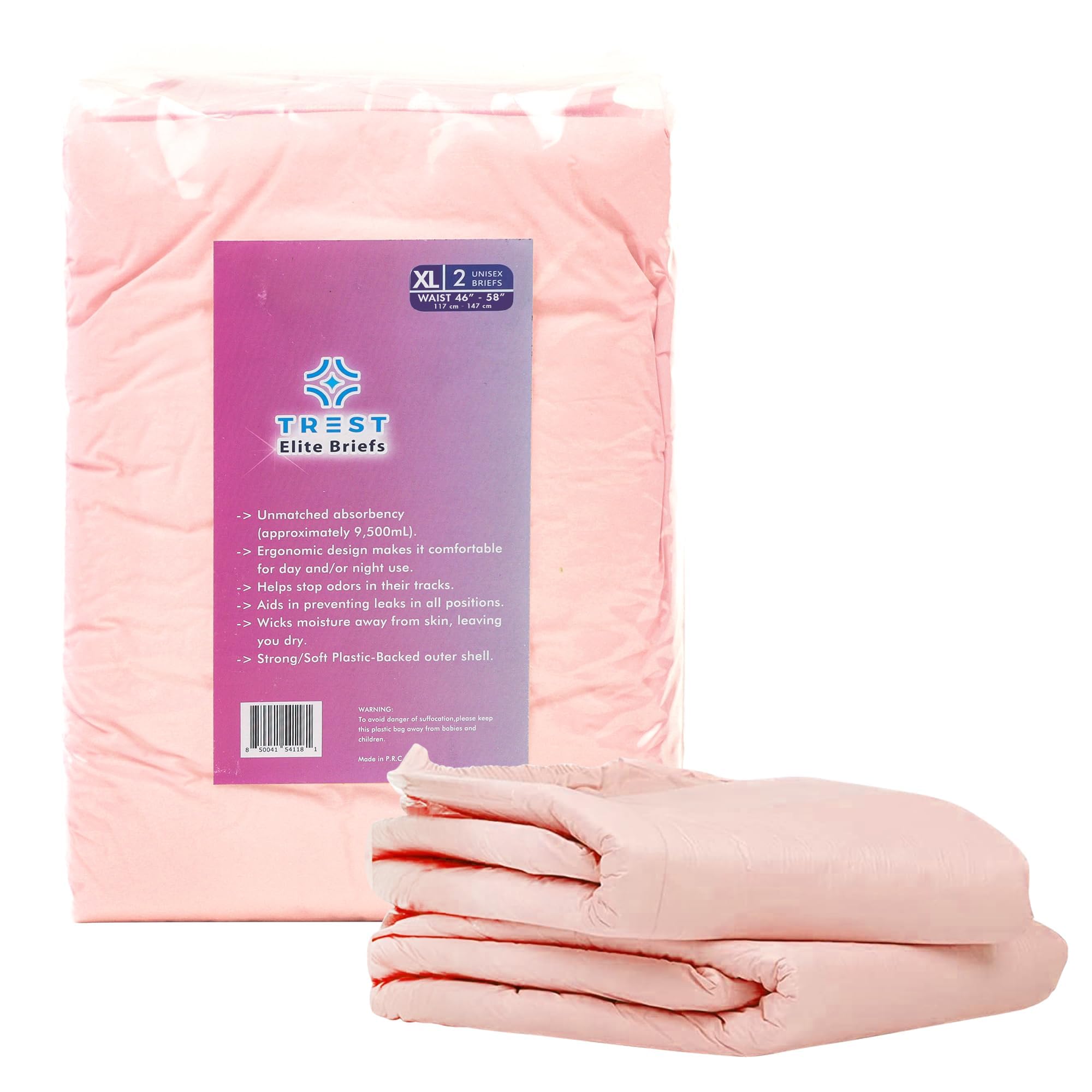 TREST Elite Briefs for Men and Women, Overnight Diapers for Incontinence, Elite Absorbency, Comfortable, Odor Neutralizing and Secure Fit with 2 Wide Tabs - Pink, X-Large (Pack of 2)