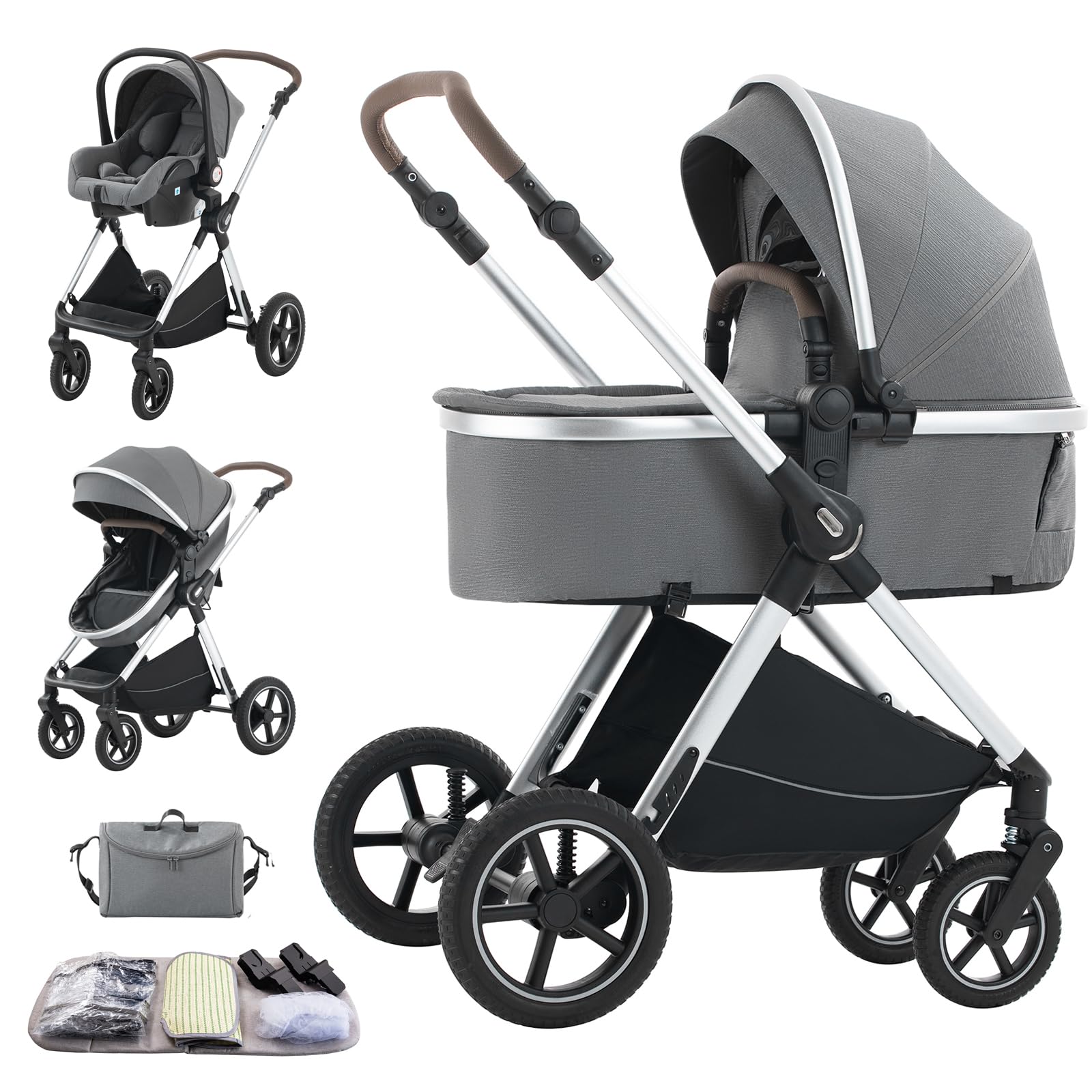 Shineey 3 in 1 Baby Stroller with Height Adjustable Handle,3 in 1 Prams Travel System, Lightweight Foldable Pushchair, Prams with Aluminum Frame for Portable Baby Carriage