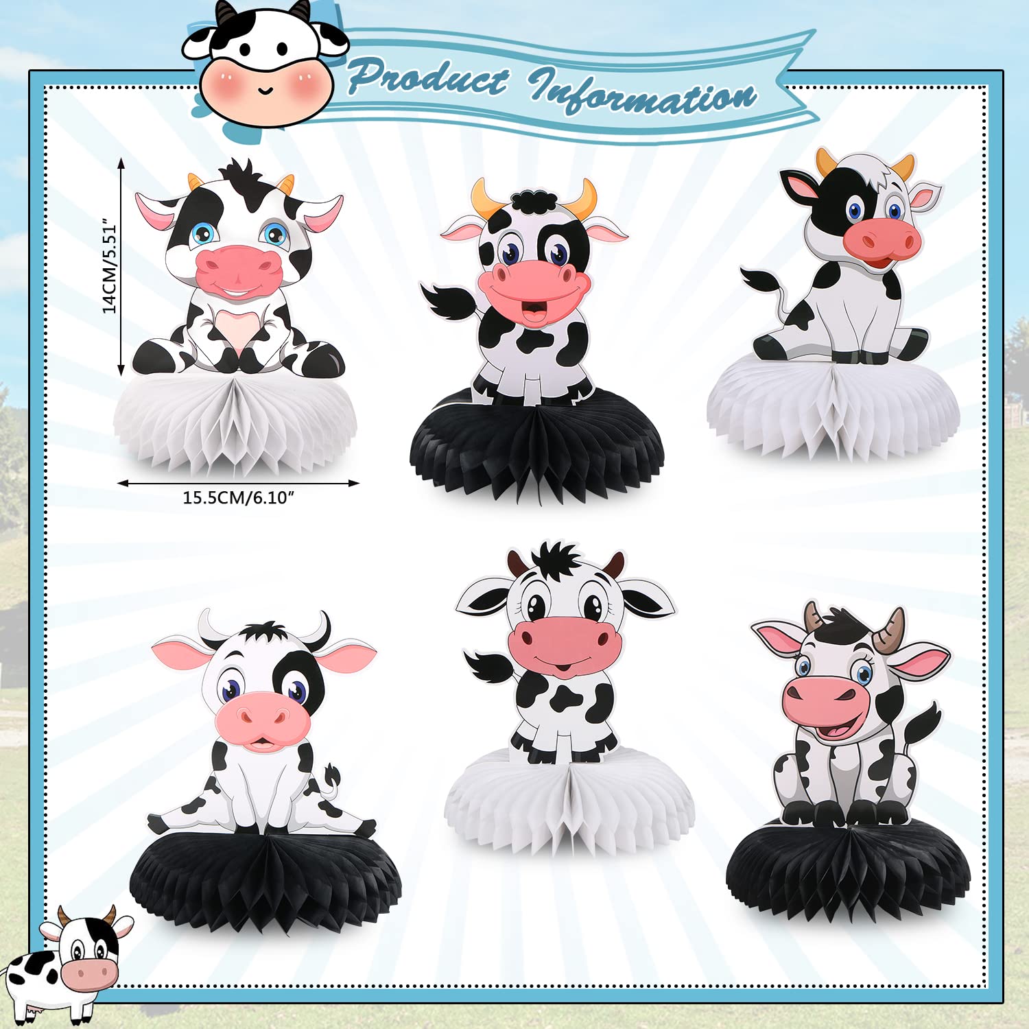Cow Print Honeycomb Centerpieces, BENBO 6Pcs Cow Table Topper Honeycomb 3D Cow Theme Party Farm Animals Honeycomb Paper Fan Cow Cutouts for Children's Birthday Western Cowboy Baby Shower Party Favors
