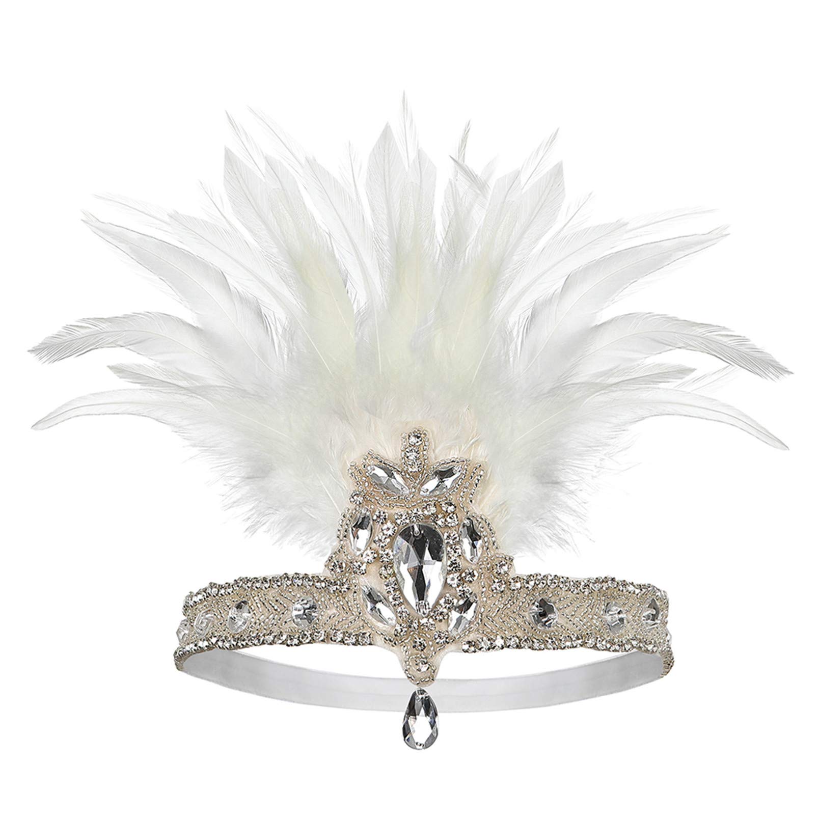 Art Deco 1920s Flapper Feather Headpiece Roaring 20s Great Gatsby Headband for Women 77White