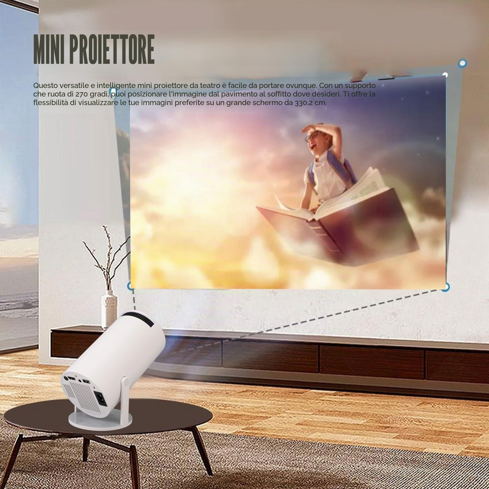 Mini Proiettore 4K con WIFI 5G e Bluetooth, Proiettore Cinematografico per Esterni da 1 GB +8 GB Girevole a 270 Gradi con Correzione Automatica, Proiettore Home Theater da (Spina