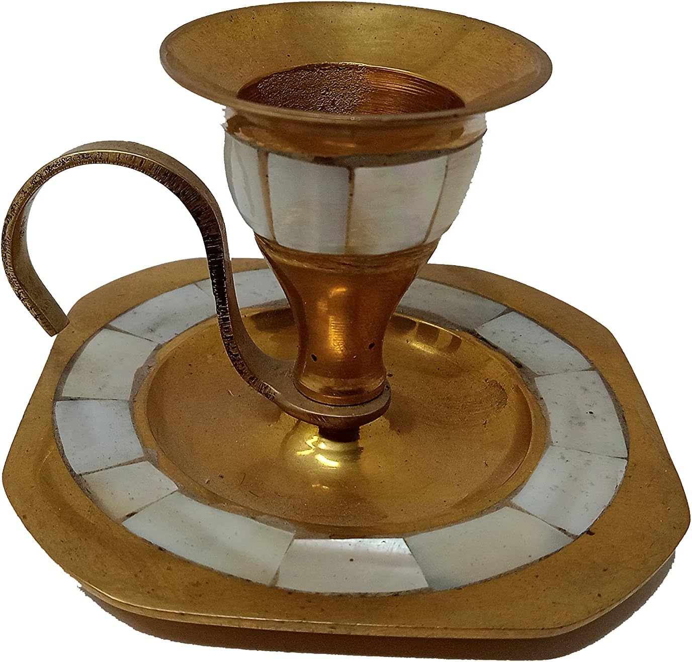 Wonderlist HandicraftsVintage Brass Candle Holder with Handle Mother of Pearl Inlay (Square)