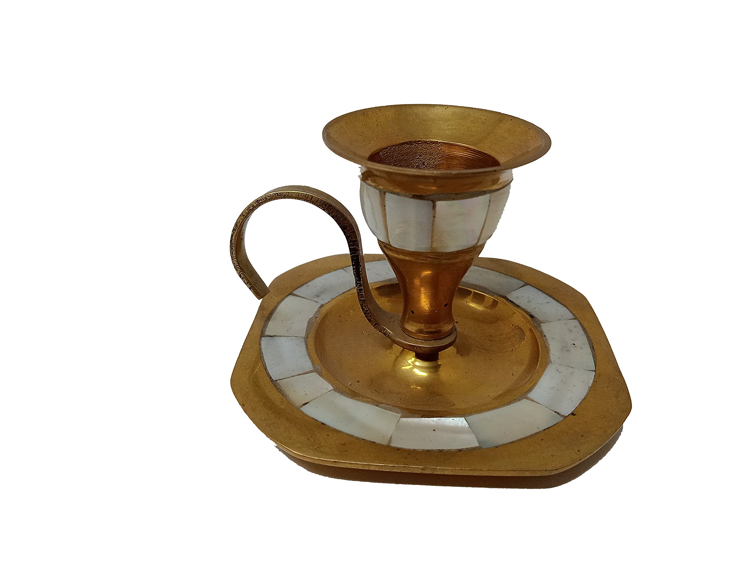 Wonderlist HandicraftsVintage Brass Candle Holder with Handle Mother of Pearl Inlay (Square)