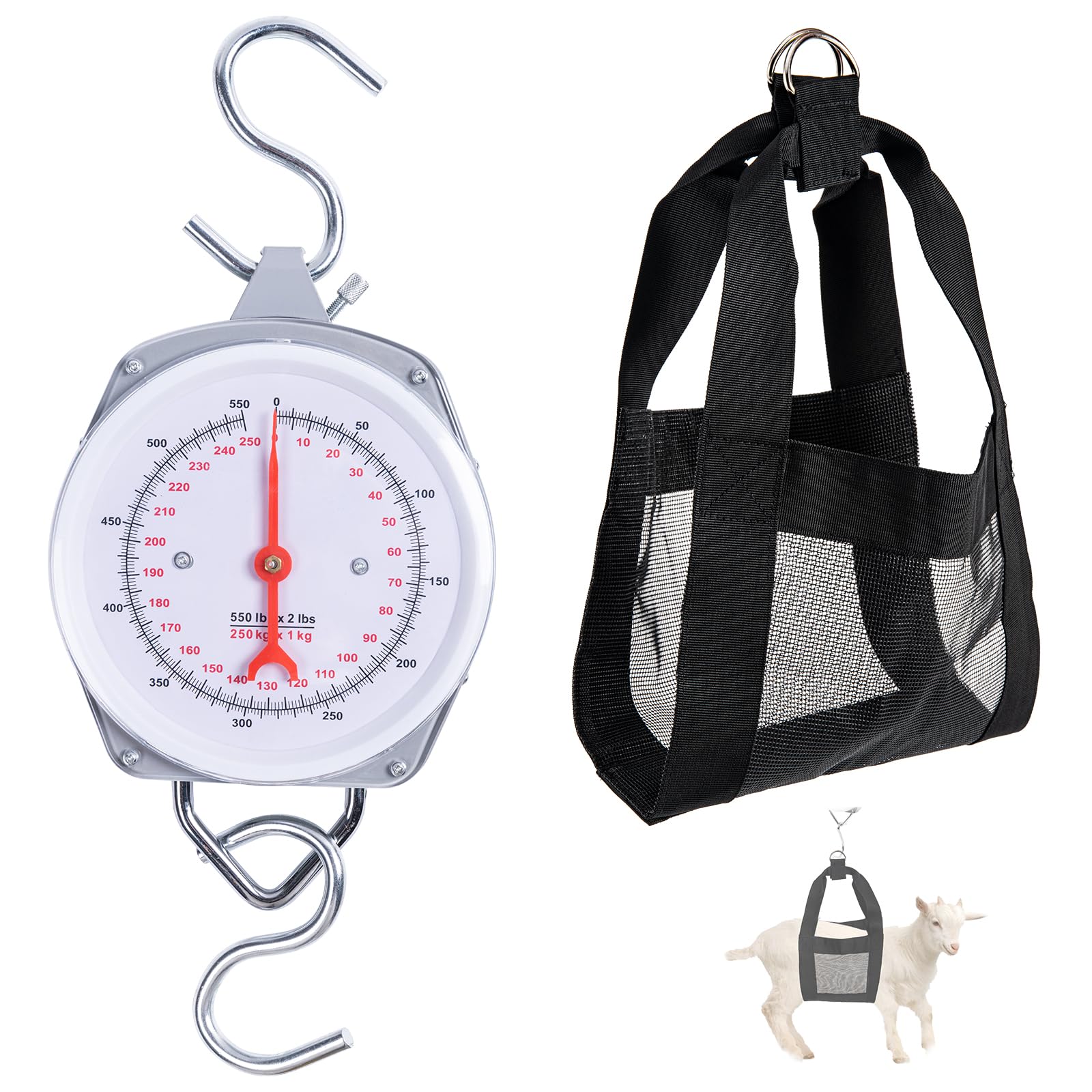 Yogayet Mechanical Hanging Scales 550lb/250kg, Calf Sling and Hanging Weight Scale 2 in 1 Kit, Weighing Sling for Calves Lambs Goats Newborn Livestock Dogs, High Accuracy Spring Dial Weight Scale