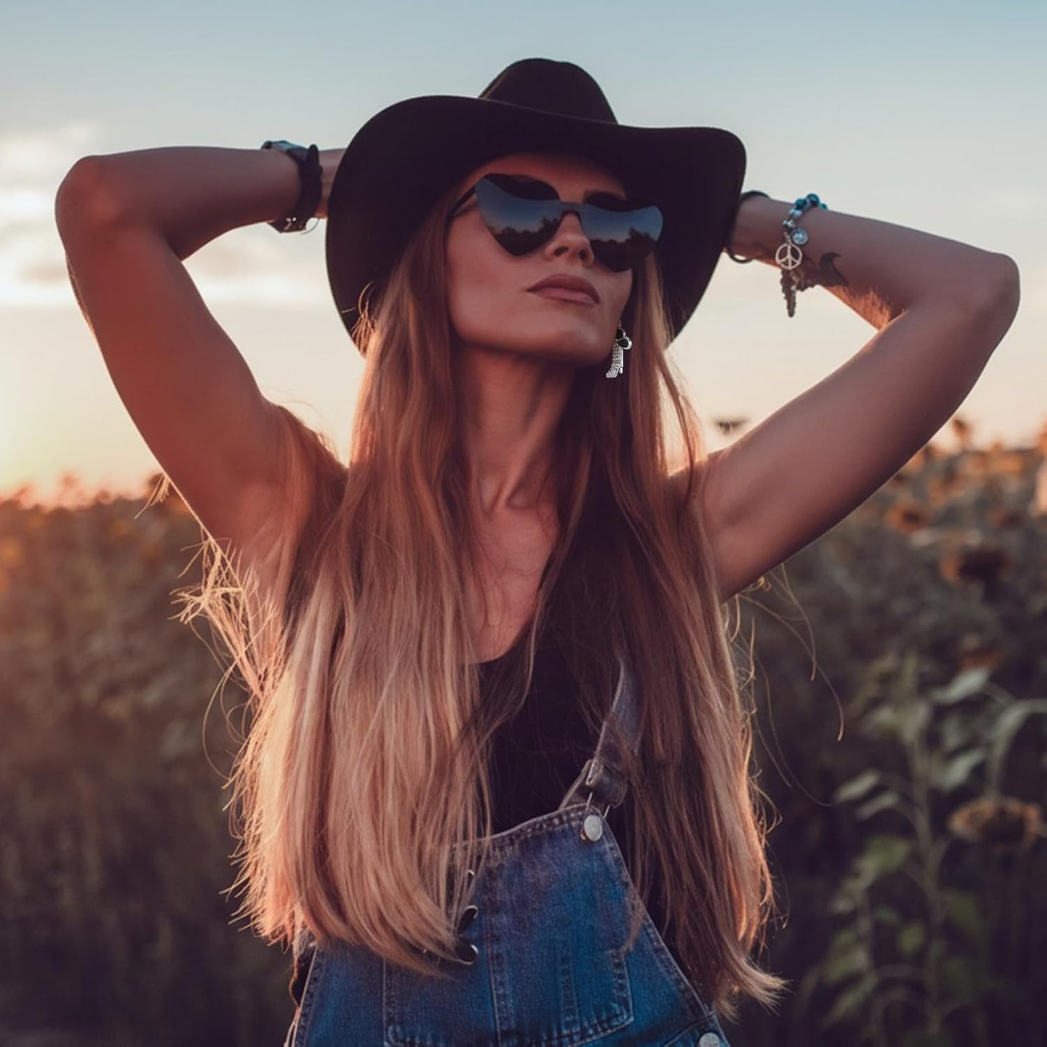 5 Pcs Western Cowboy Hat Set with Two Decorative Bands Earrings Heart-Shaped Sunglasses for Men Women Cosplay Party Black - Image 5