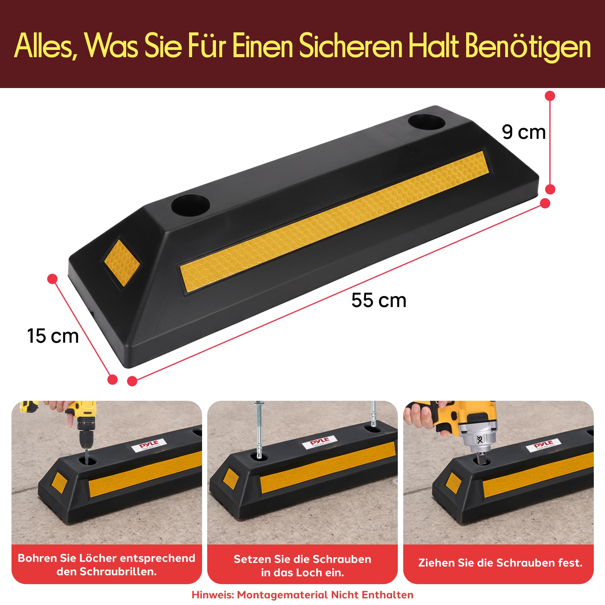 Pyle Parkplatzbegrenzung Anfahrtschutz Set – Garagenstopper für das Auto ohne zu Bohren oder mit Befestigungsmöglichkeit, Radstopper aus Hartgummi, Garagen Parkhilfe mit Reflektionsstreifen, 4er Pack