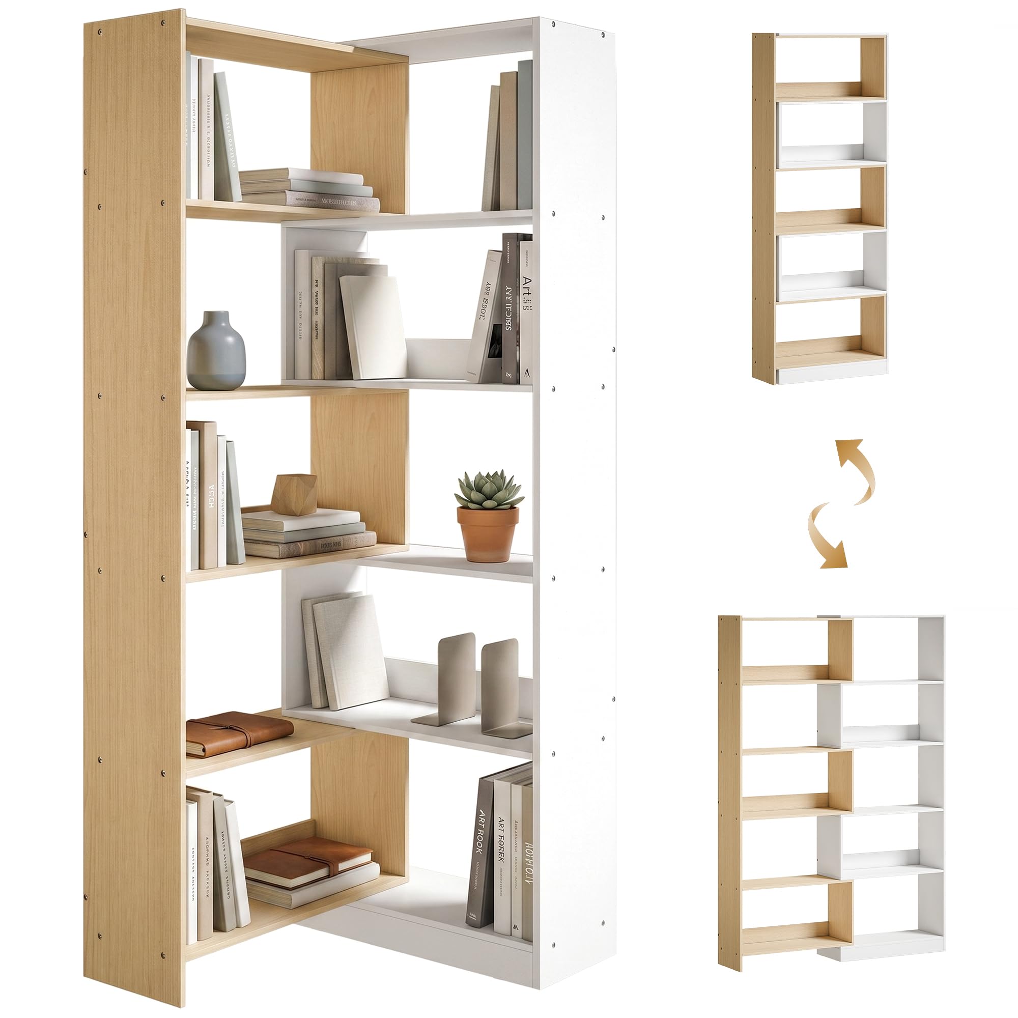 HOMCOM Libreria Scaffale a 5 Ripiani, Design Rotante a 350°, 3 Modi di Disporre, Libreria Angolare ad L Salvaspazio, Scaffale Portaoggetti per Soggiorno Ufficio, 111.5x23.8x163.7 cm Color Legno/Bianco