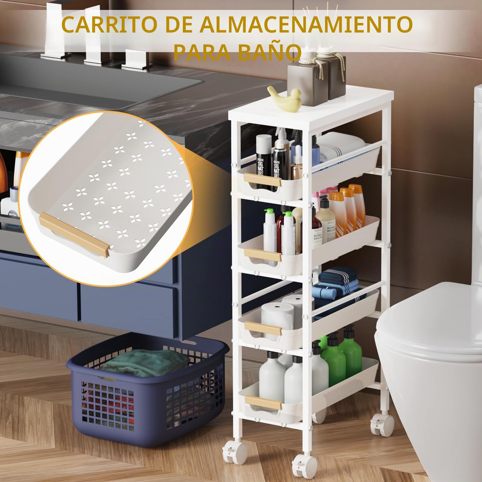 DROMEZ Carrito Auxiliar con Ruedas Estrecho 20 cm, 5 Niveles Metal Blanco | Carro Cocina con 4 Cajones, Tablero Superior y Frenos para Bano, Lavadero u Oficina Compacta, 38x20x81cm