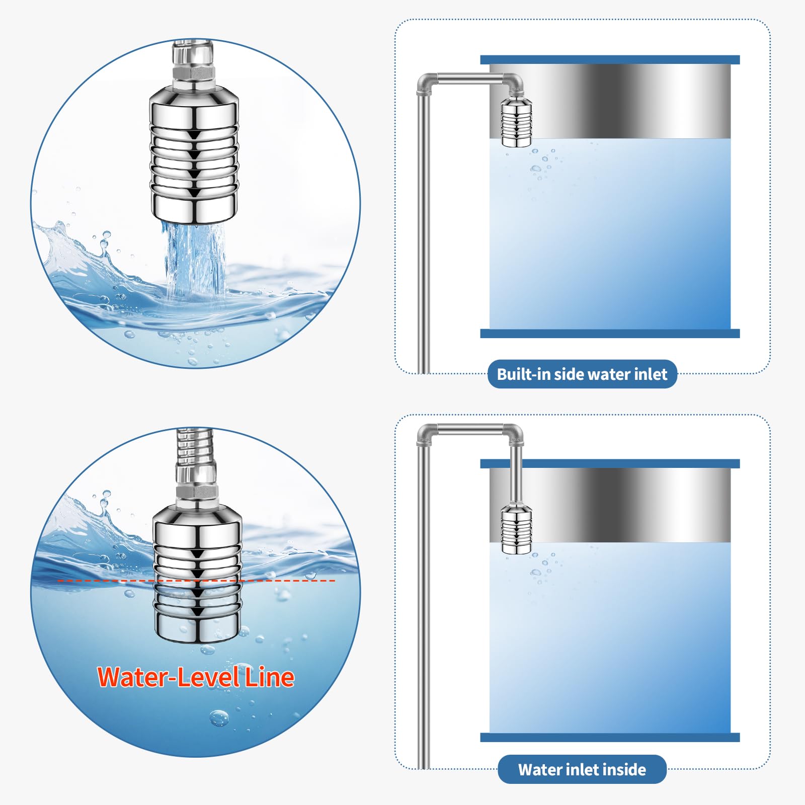 4 válvulas flotantes de agua para tanque de agua, válvula flotante de acero inoxidable 304 de 1/2 a 3/4 pulgadas, sistema de agua automático Aquapulse, válvula de cierre de agua totalmente automática