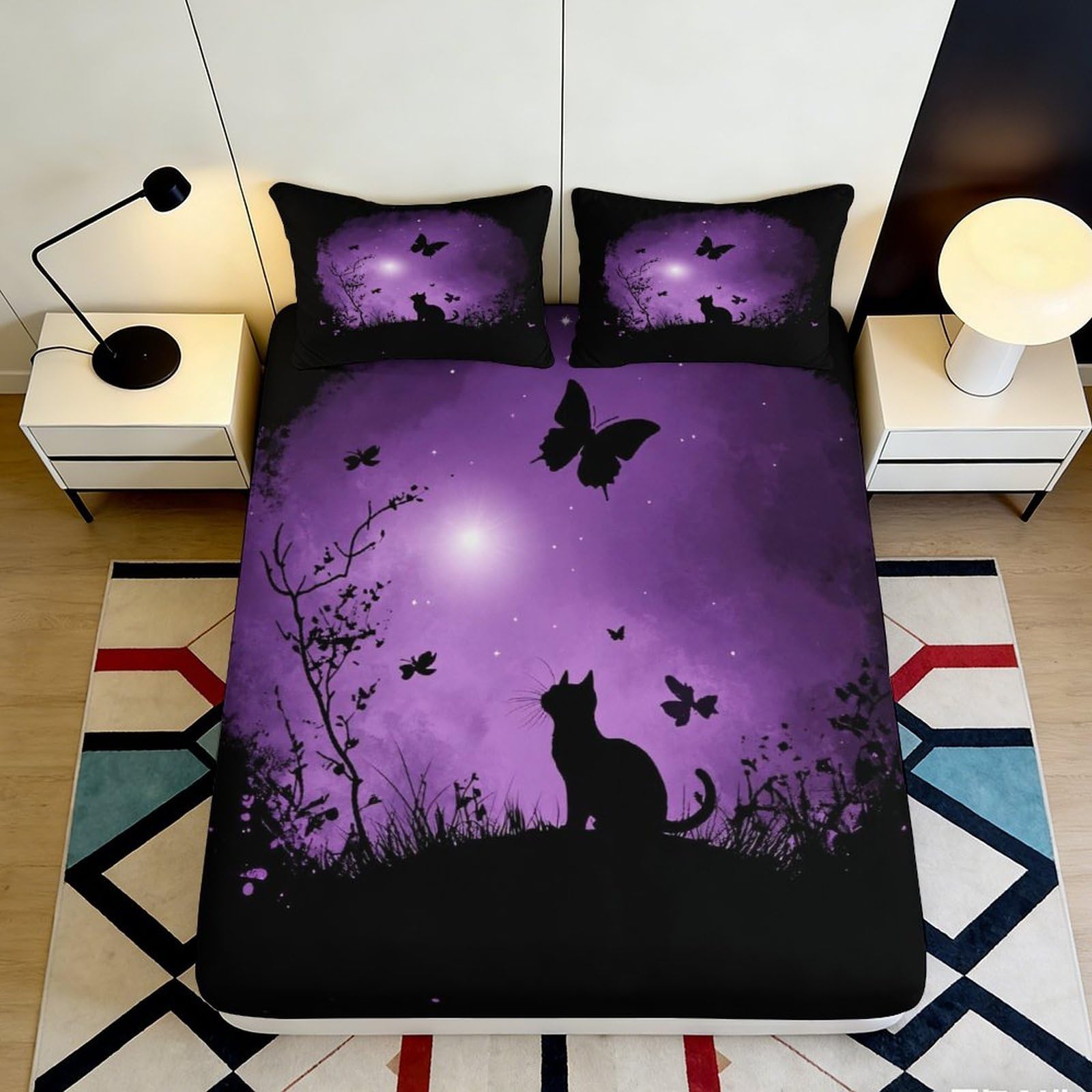 3D Printed Purple Cat and Butterfly Fitted Sheet Microfiber Soft Bed Sheet for Bedroom Decor Dorm Mattress Cover 90x200x25cm
