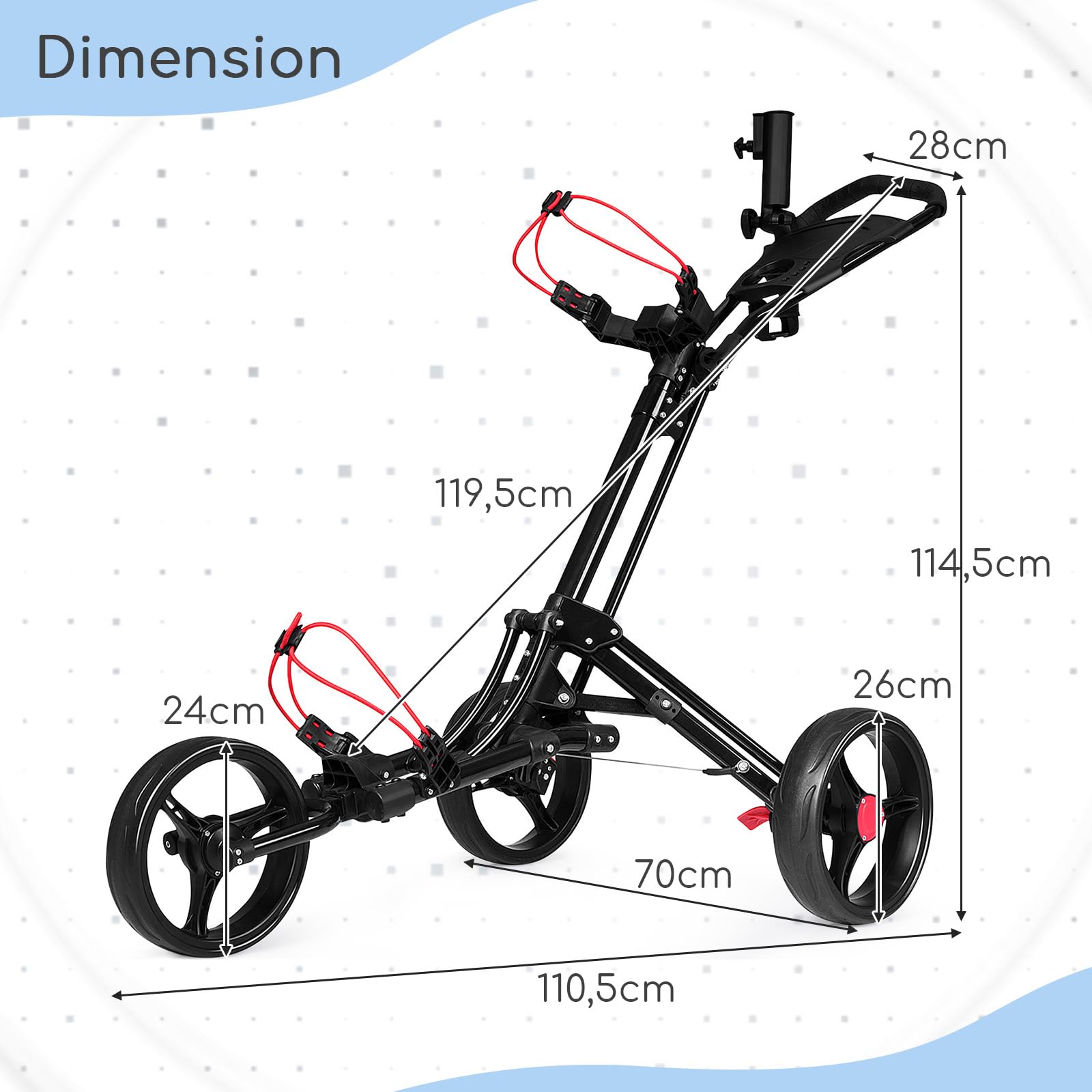 COSTWAY Chariot de Golf 3 Roues Pliable Noiravec Porte-Parapluie et Porte-Tee en Aluminium Frein au Pied et Poignée Rembourrée Ajustable