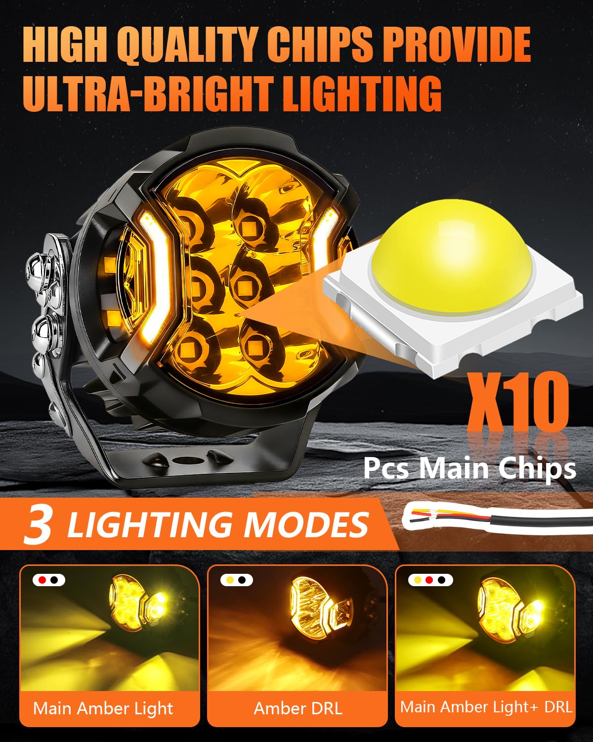 Chelhead 3 Zoll LED Arbeitsscheinwerfer gelb mit DRL,IP68 Wasserdicht | 108W LED Spotlicht mit gelbem DRL, IP68 geschützt und geeignet für 12V-24V LKW, Pickup, SUV und Offroad-Fahrzeuge