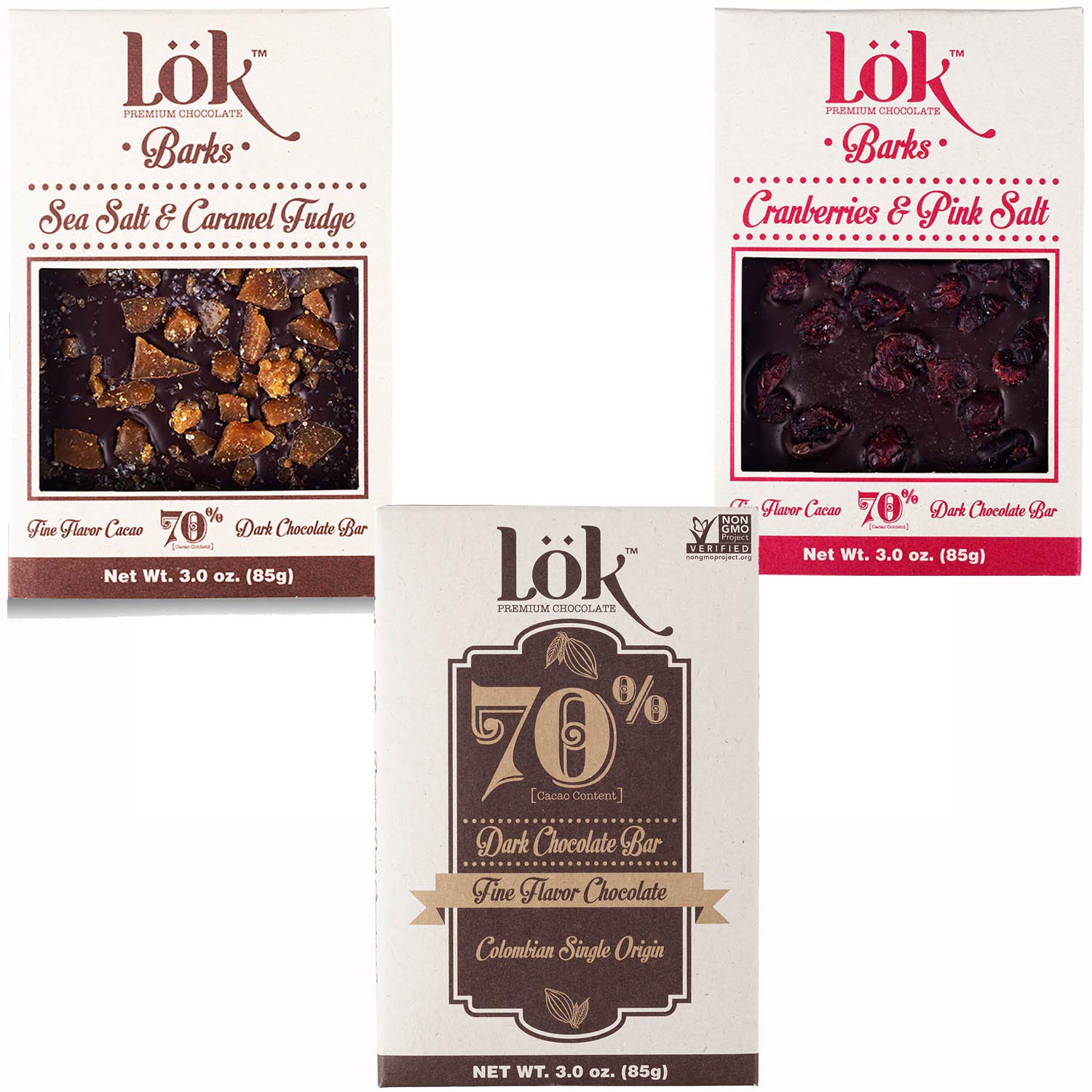 Lok Foods Variety Pack Mixed Chocolate Bars Lök | 70% Cacao, Cranberries & Pink Salt, Sea Salt and Caramel Fudge | Non-GMO, Vegan, Kosher, Gluten-Free, Bean-to-Bar | 3.0 Ounce 3 Pack
