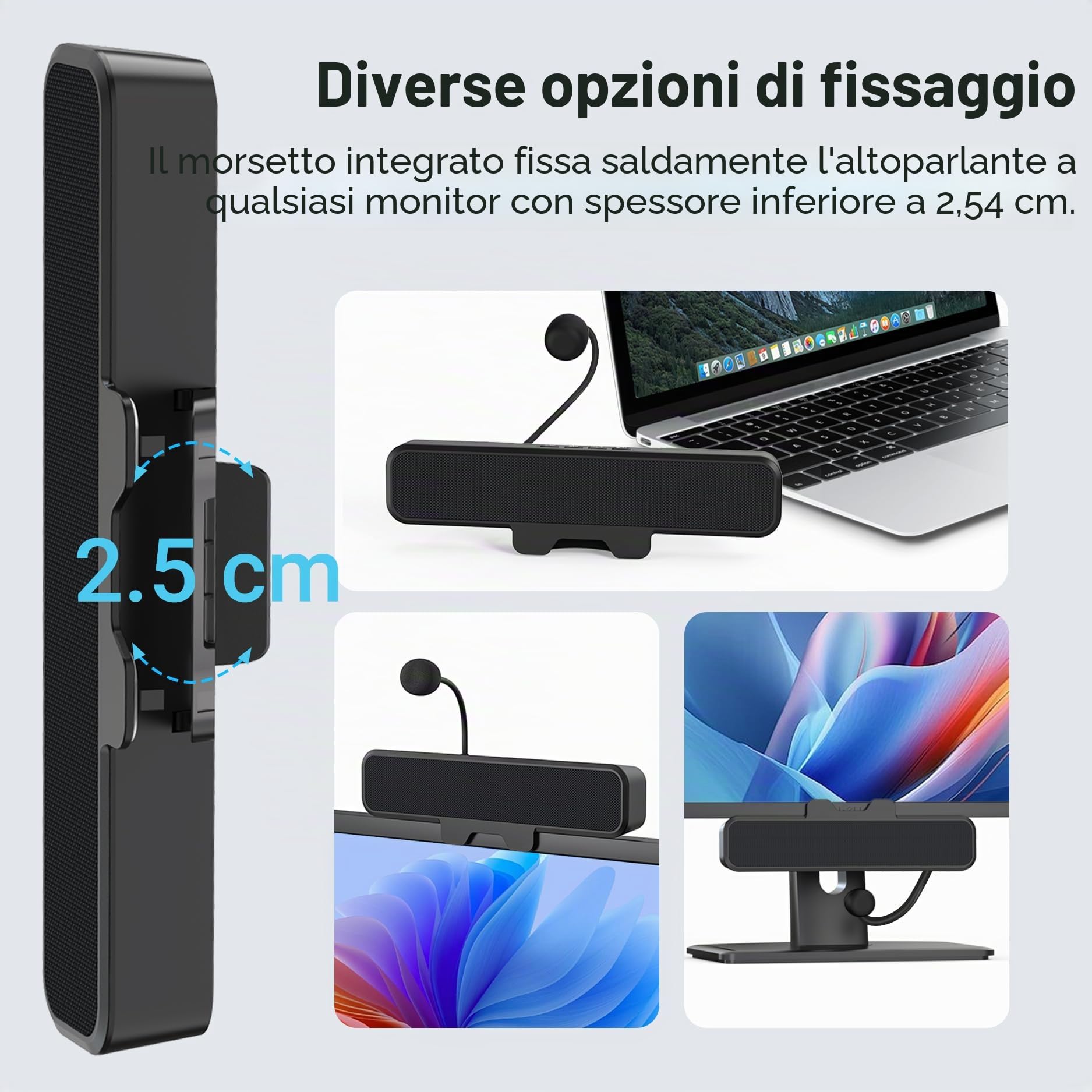 Inwa Altoparlante per PC, altoparlante USB con microfono, stereo e basso, spegnimento muto a un pulsante, clip plug and play per monitor PC, desktop, laptop e Mac (nero)