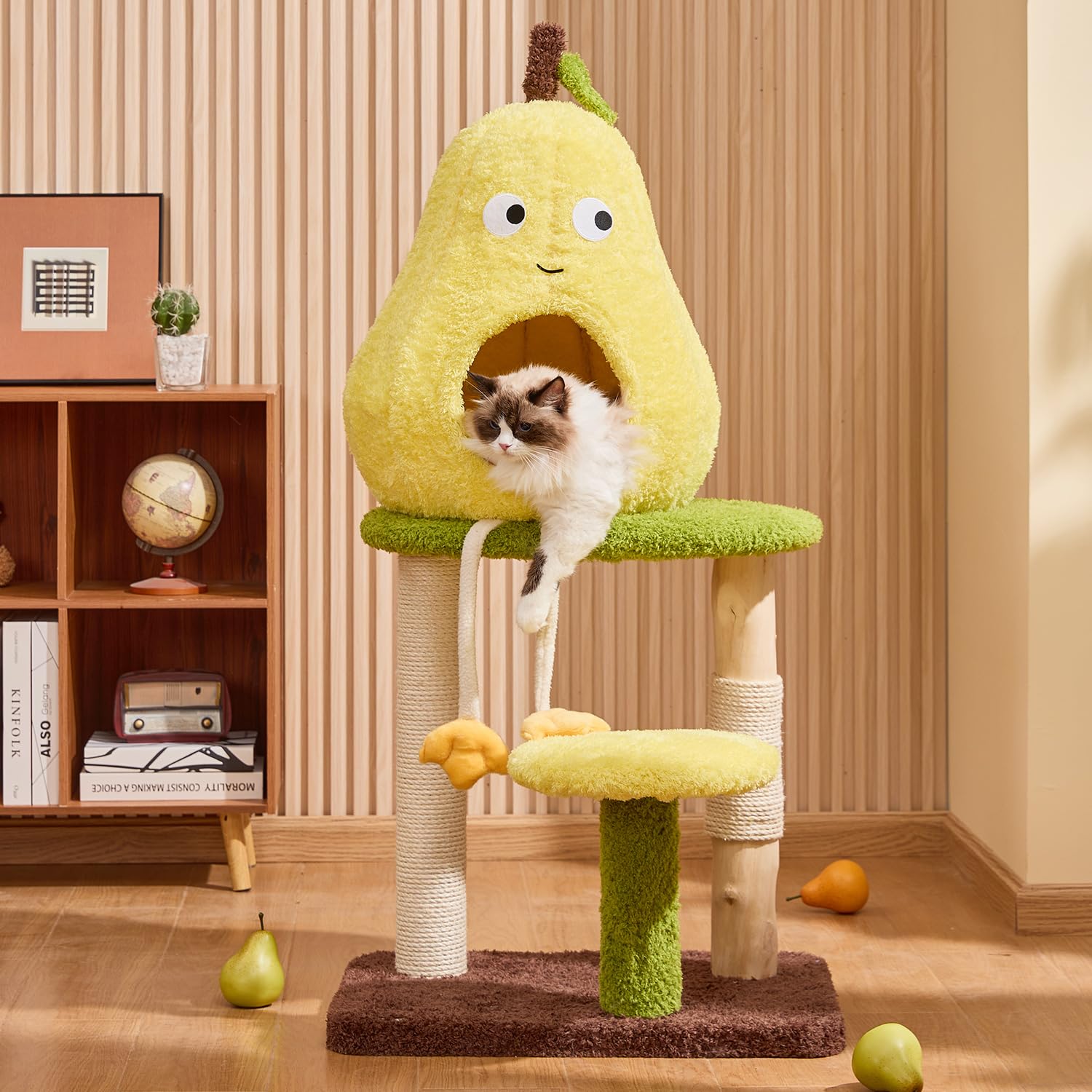 Cat resting in the pear-shaped bed of the KZLAA Cat Tree