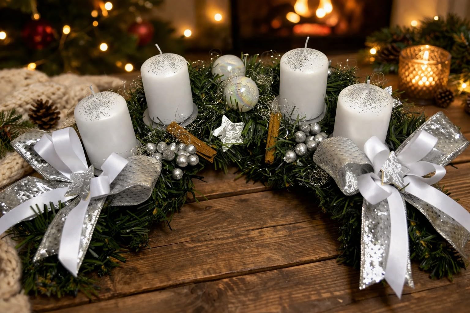 Adventskranz Halbmond künstlich Silber weiß Weihnachten Advent Gesteck