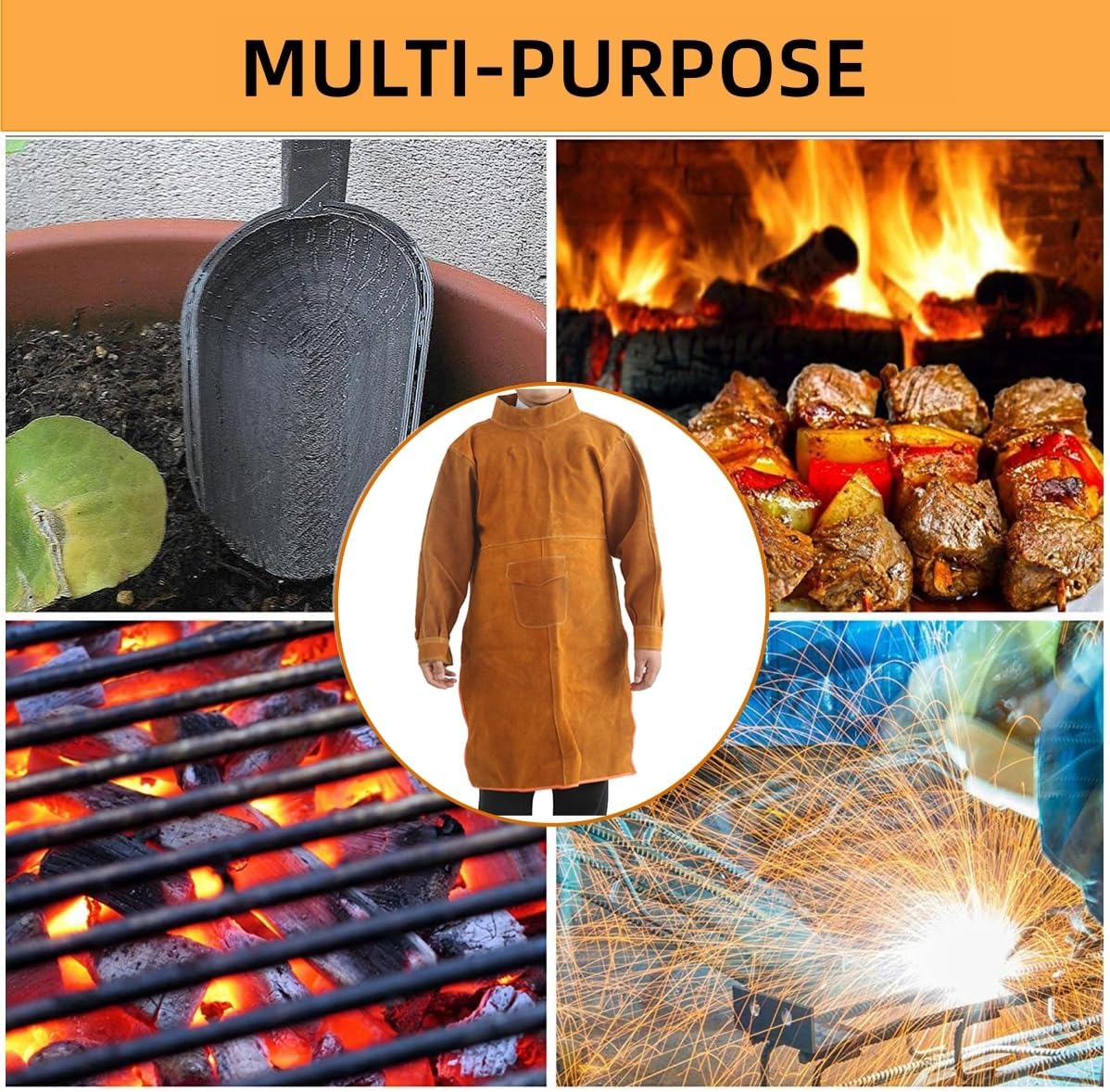 Split Cowhide Leather Welding Jacket, Heat & Flame Resistant Heavy Work Welding Protection Coat, Welding Apron for Men (Yellow - Long Sleeve)