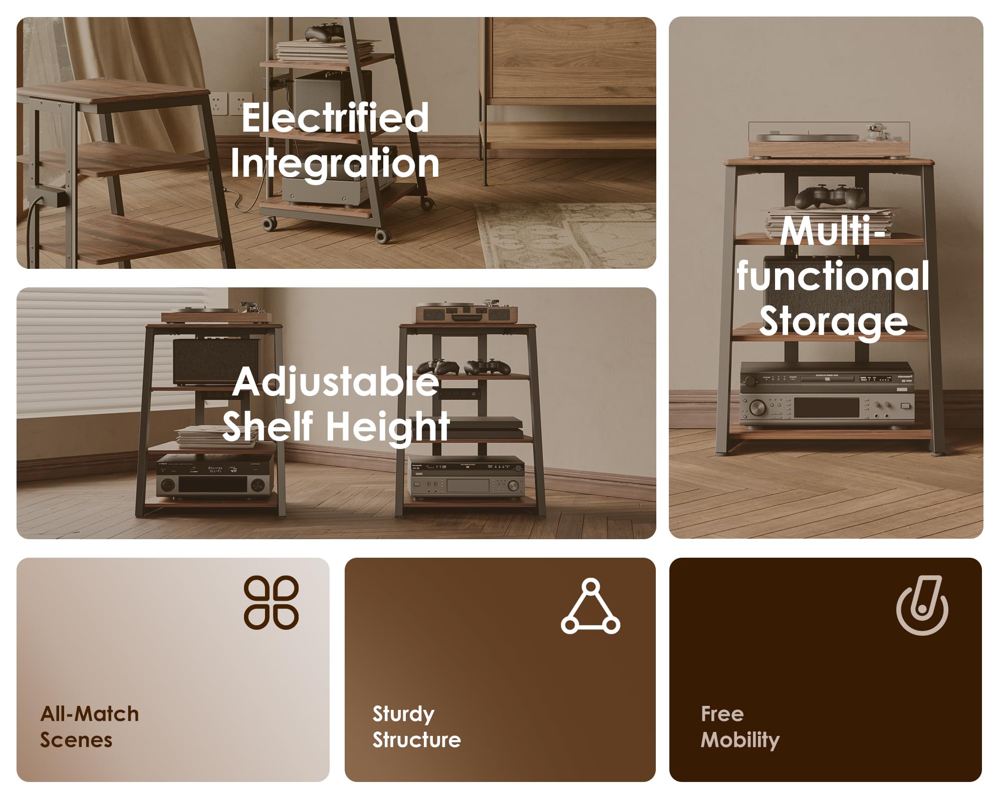 FITUEYES Meuble HiFi en Bois et Acier avec Bande LED 61 x 52 x 78 cm Marron Série Eiffel