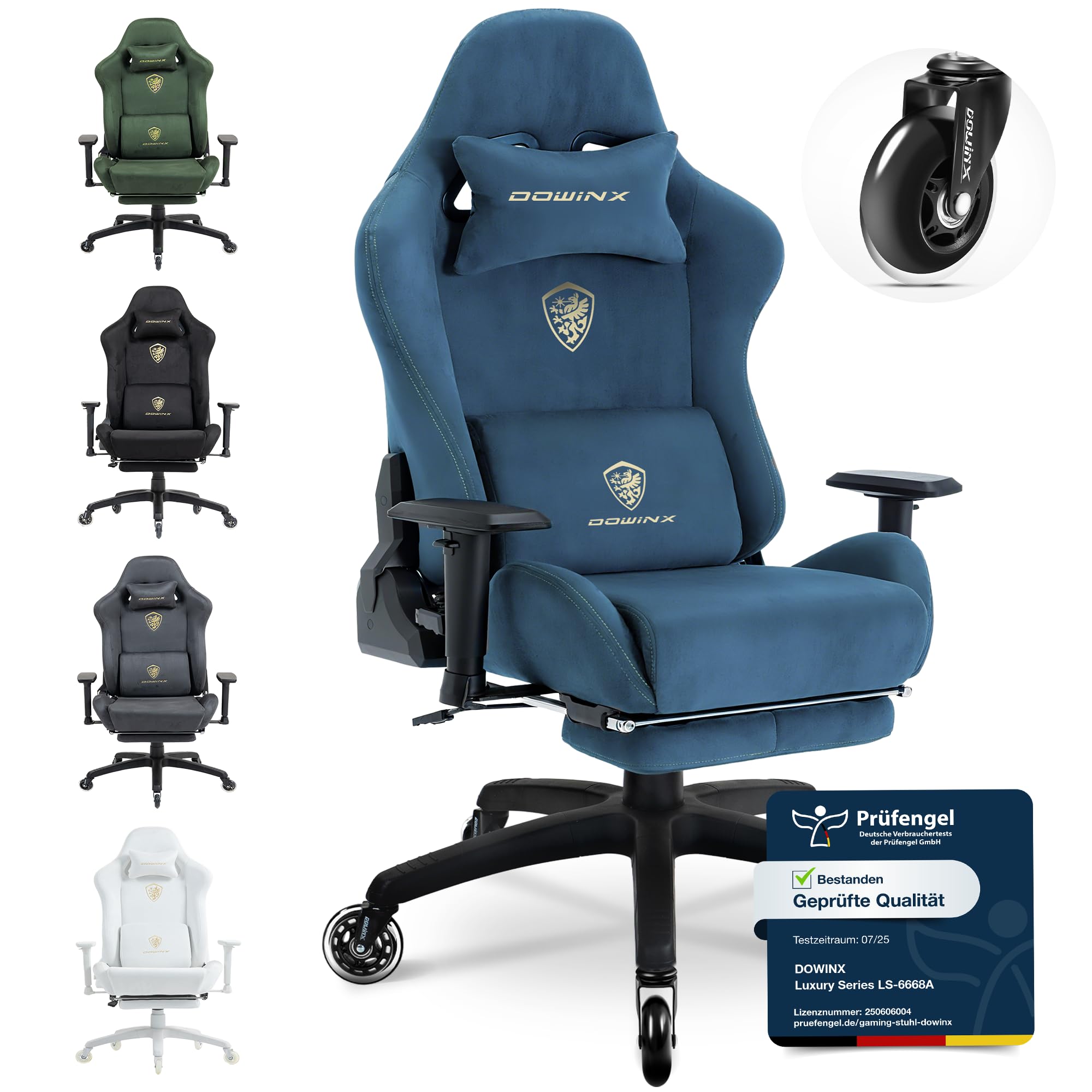 Dowinx Gaming Chair with Faux Suede Fabric and Rubber Casters, Ergonomic Gamer Chair with Adjustable Massage Lumbar Support, 160° Reclining Backrest, Big and Tall Computer Chair with Footrest, Blue