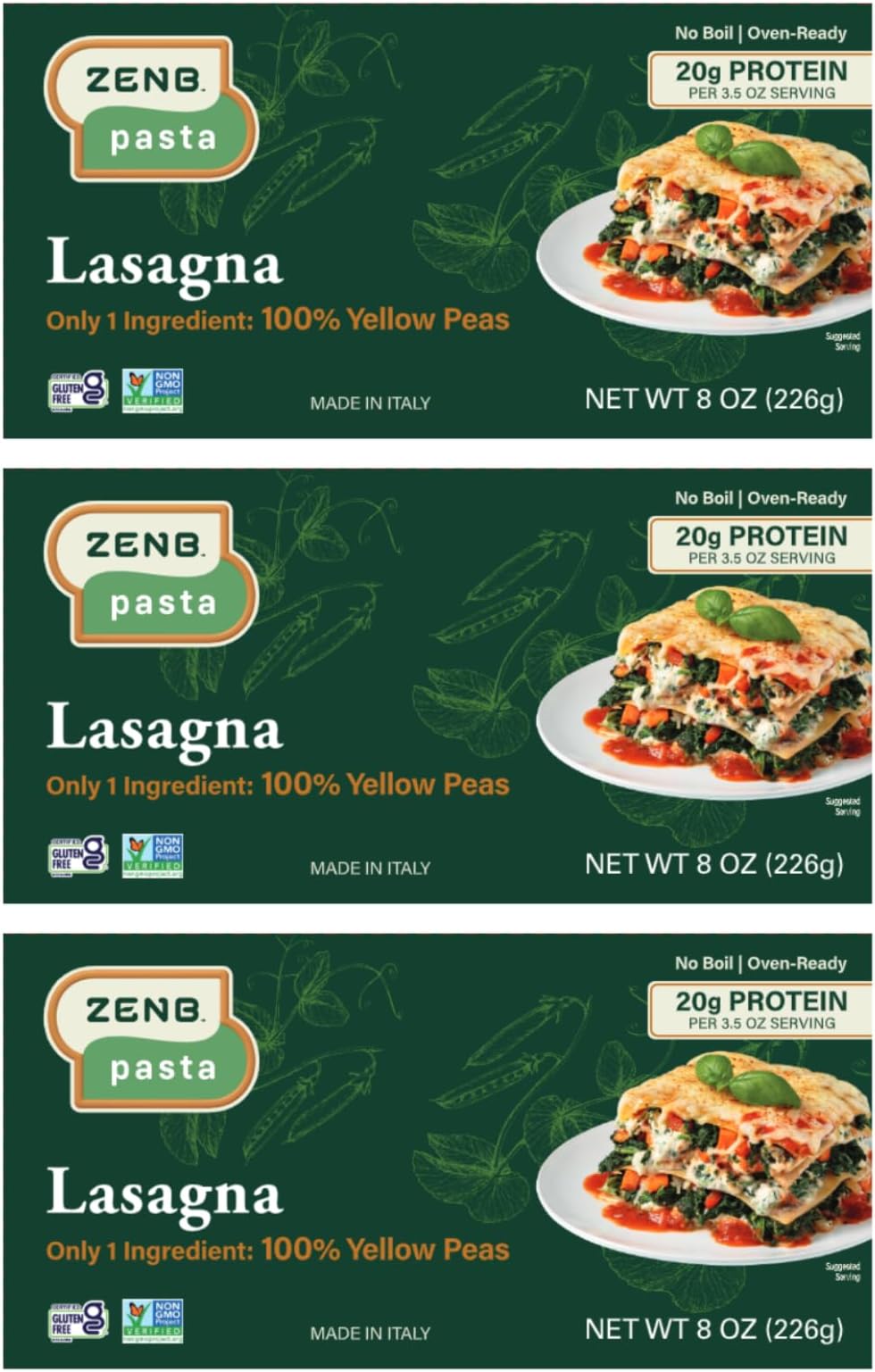 ZENB Plant-Based Lasagna - Pasta Made From 100% Yellow Peas, Gluten Free, Non-GMO & Vegan, Less Carbs than Traditional Pastas, 20g Protein & 12g Fiber In Every 3.5 oz Serving - 8 oz Boxes (Pack of 3)