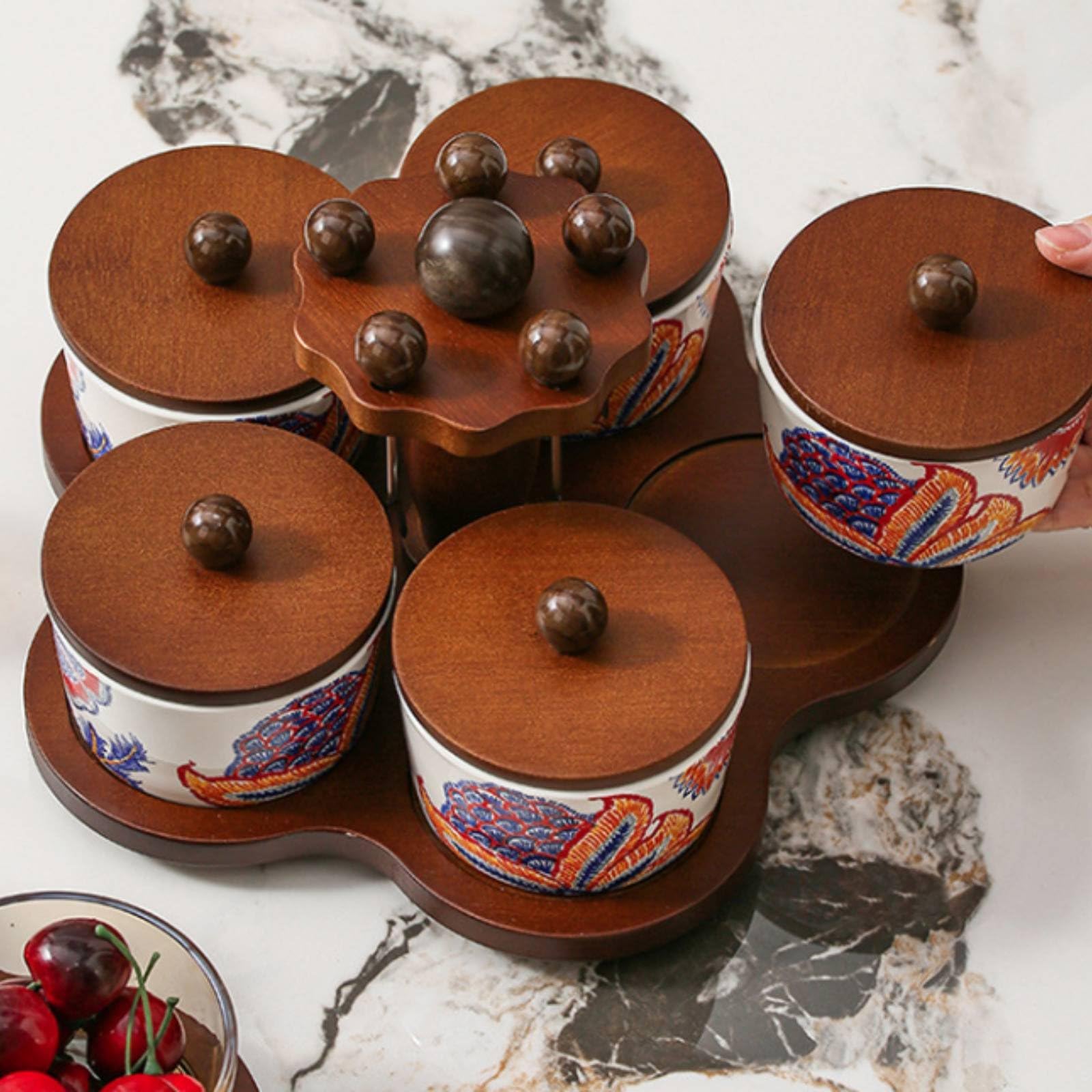 Set Ciotole Antipasti con Coperchio Design Raffinato Vassoio Snack in Ceramica con Supporto in Legno per Soggiorno, Feste, Aperitivo, Piatto Ceramica