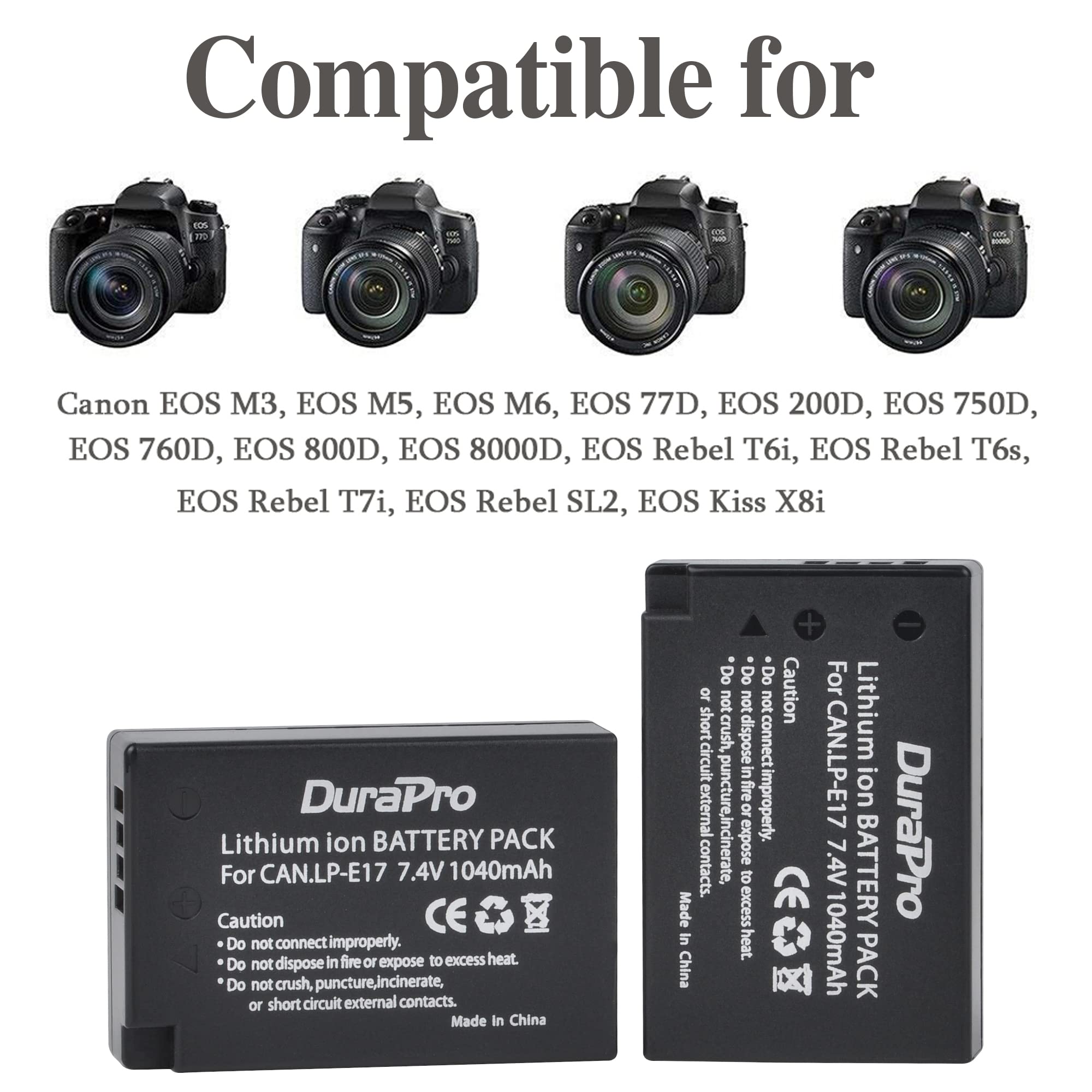 DuraPro Lot de 2 Batteries LP-E17 + Double Chargeur LCD USB avec Port de Type C pour appareils Photo numériques Canon EOS M3 M5 M6 200D 250D 750D 760D 800D Rebel T6i T6s 8000D 9000D