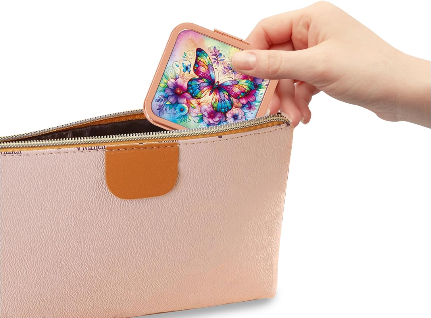 Compact Mirror, Handheld 2.8 inches Travel Makeup Mirror, 1X/2X Magnifying Square Pocket Makeup Mirror Rose Gold Butterfly