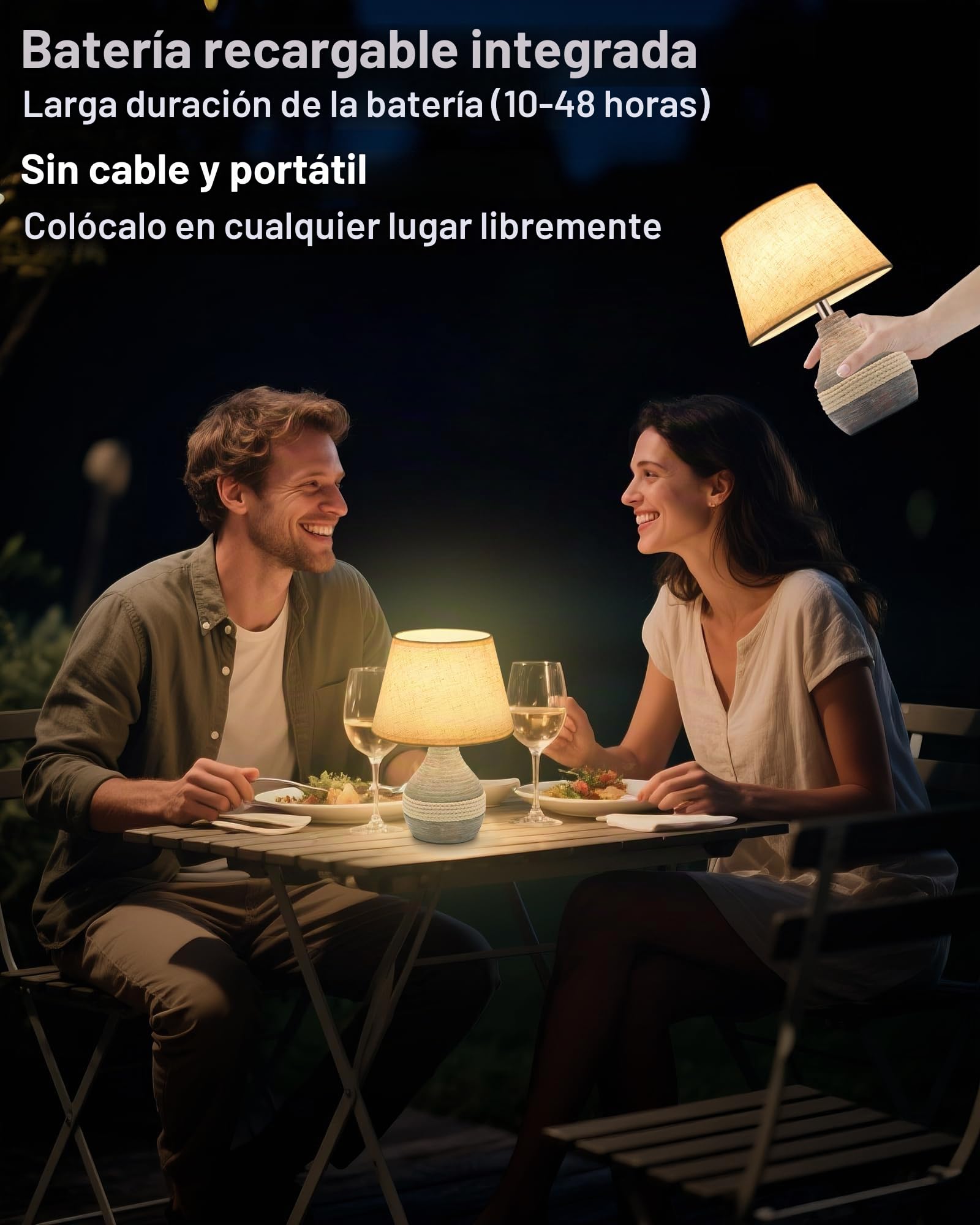 Lámpara de mesa pequeña de cerámica inalámbrica recargable de 25,4 cm de alto con mando a distancia, luz RGB y blanca cálida, temporizador y regulador, lámpara de mesa de batería con pantalla