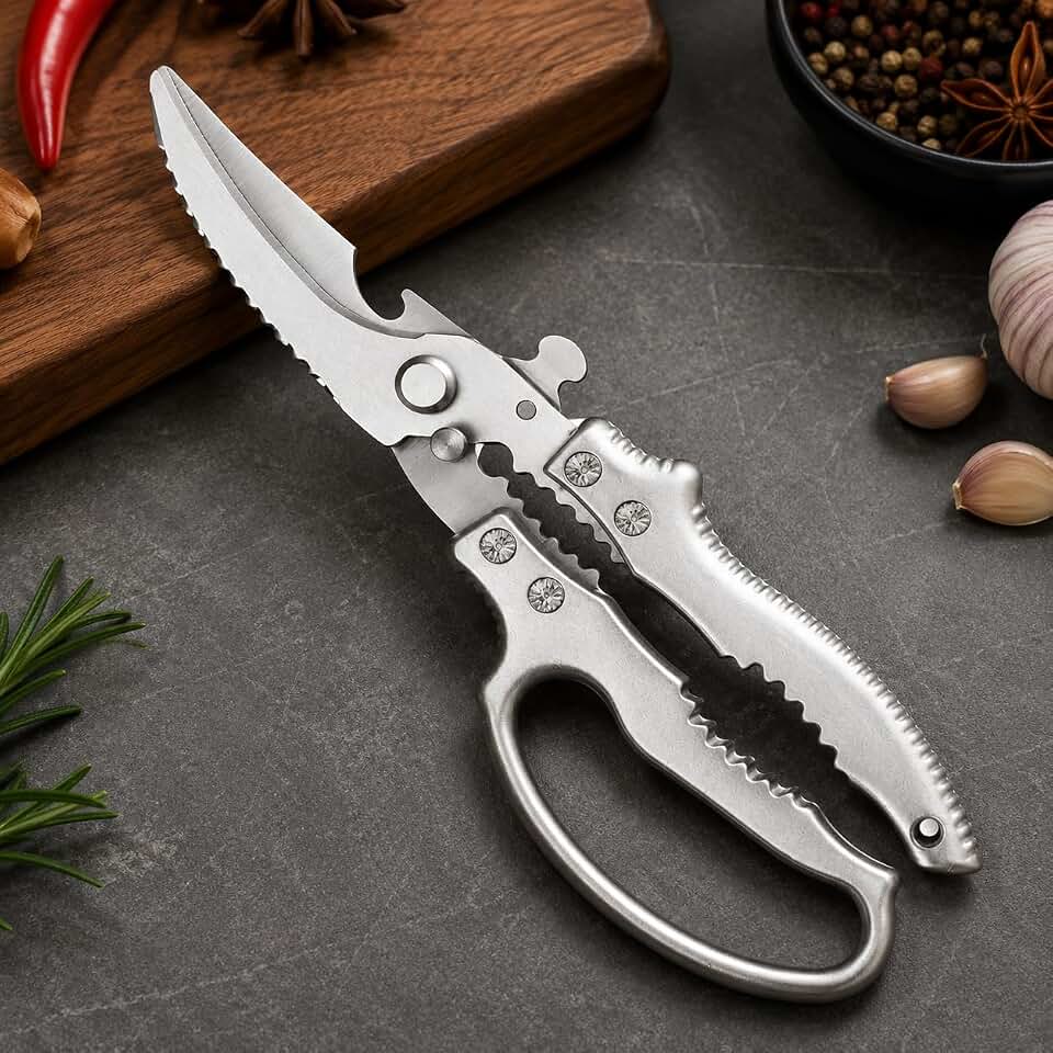 Tesoura de Cozinha Profissional Multiuso em Aço Inoxidável Ultra Afiado, Corta Frango, Carne, Peixes e Legumes, com Mola de Retorno, Trava de Segurança e Abridor – Qualidade Premium LNMAX®