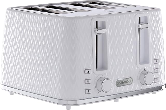 Daewoo SDA1864 Argyle 4 Slice Patterned Toaster with Reheat, Defrost & Cancel Controls and Electronic Browning Feature, Removable Crumb Tray and Anti-Jam Function Light White