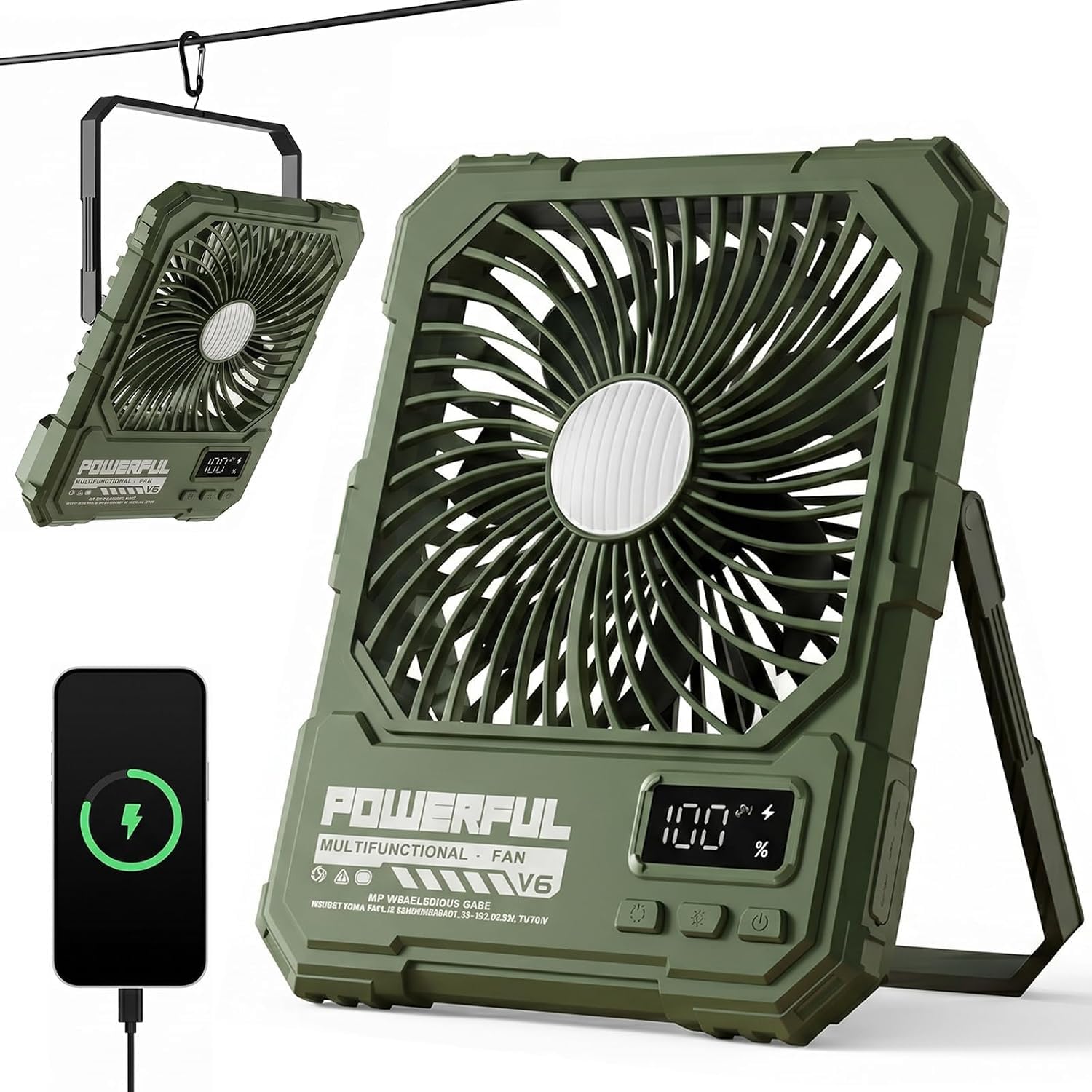Ventilador de camping 20000 mAh con luz LED y 100 velocidades ajustables