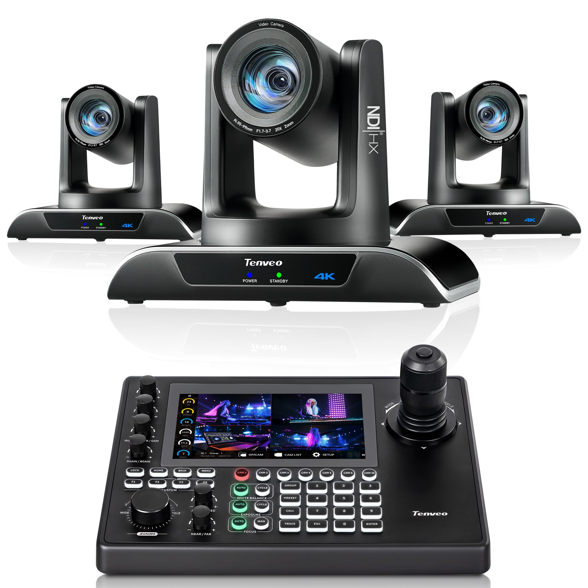 Tenveo Cámara PTZ NDI 4K IA Auto-Tracking, Zoom óptico 20x, USB3.0/HDMI/LAN PoE para transmisión en Vivo IP en Iglesias（VHD20H-AI-4K*3）+Controlador NDI|HX3 PTZ 7" táctil Quad-View Joystick 4D H