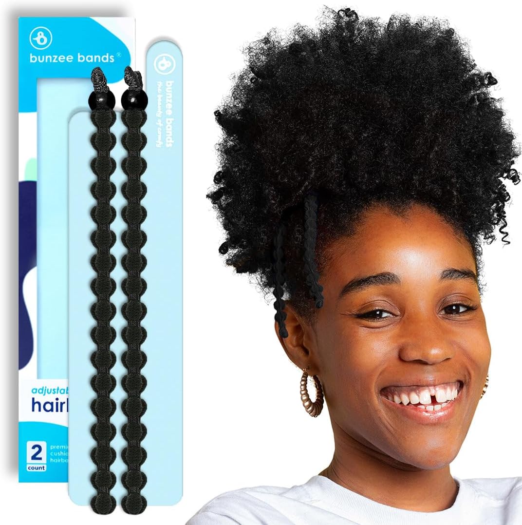Bunzee Bands Large Adjustable Hair Ties for Thick, Thin, Curly, & Natural Types | No Damage Ponytail Holders for Braids, Locs, Puffs, Buns | Elastic Hairband Accessories for Women | Black (Set of 2)