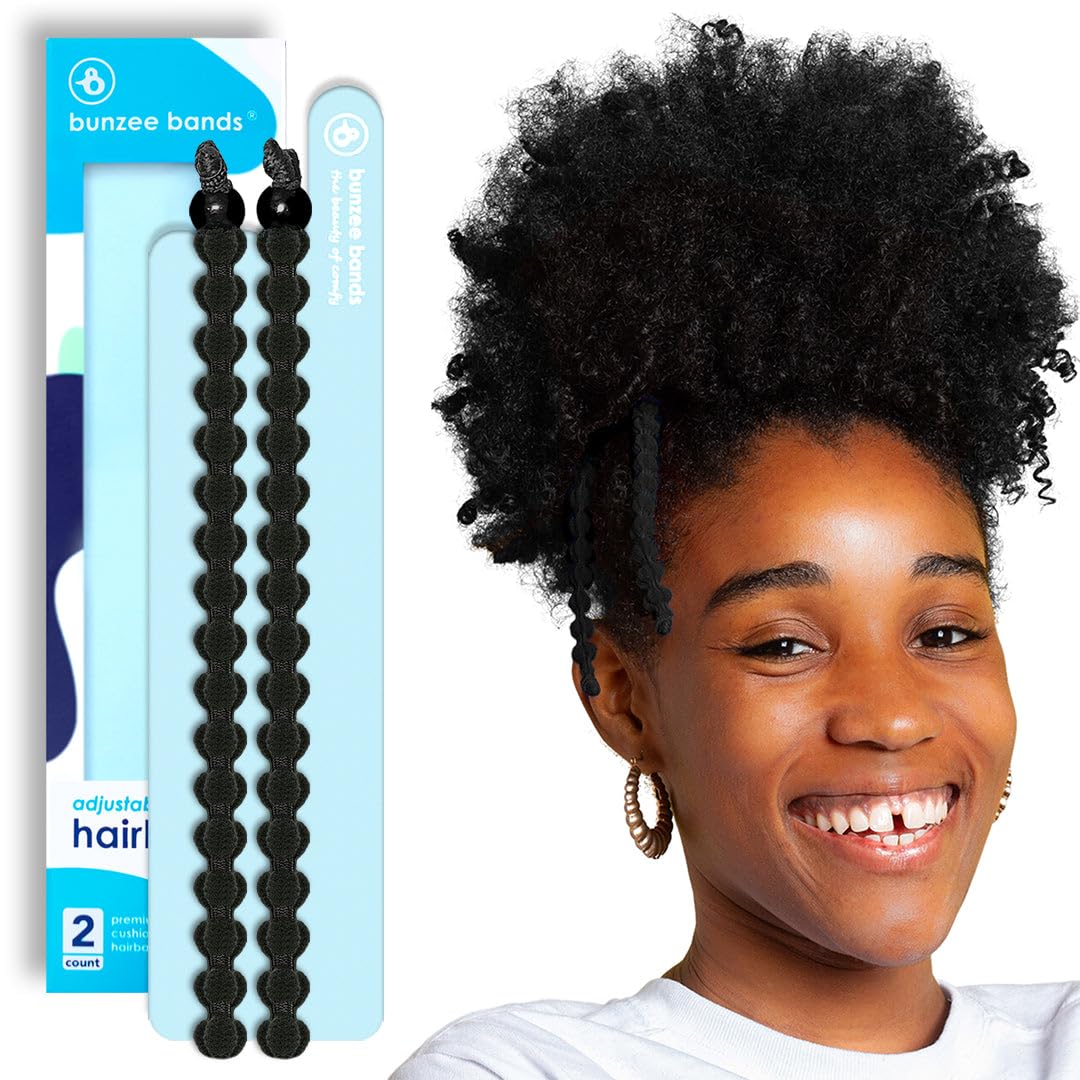 Bunzee Bands Large Adjustable Hair Ties for Thick, Thin, Curly, & Natural Types | No Damage Ponytail Holders for Braids, Locs, Puffs, Buns | Elastic Hairband Accessories for Women | Black (Set of 2)