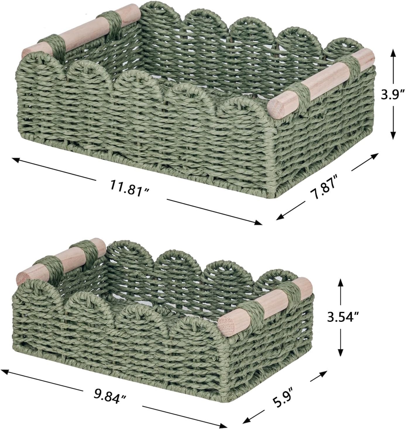 CubesLand Scalloped Edge Decor Baskets for Home, Living Room, Toilet Paper Storage Basket for Over Toilet Shelf, End Table,Shelves and More, Small Paper Rope Baskets Both Storage&Decor, Set 2 Green