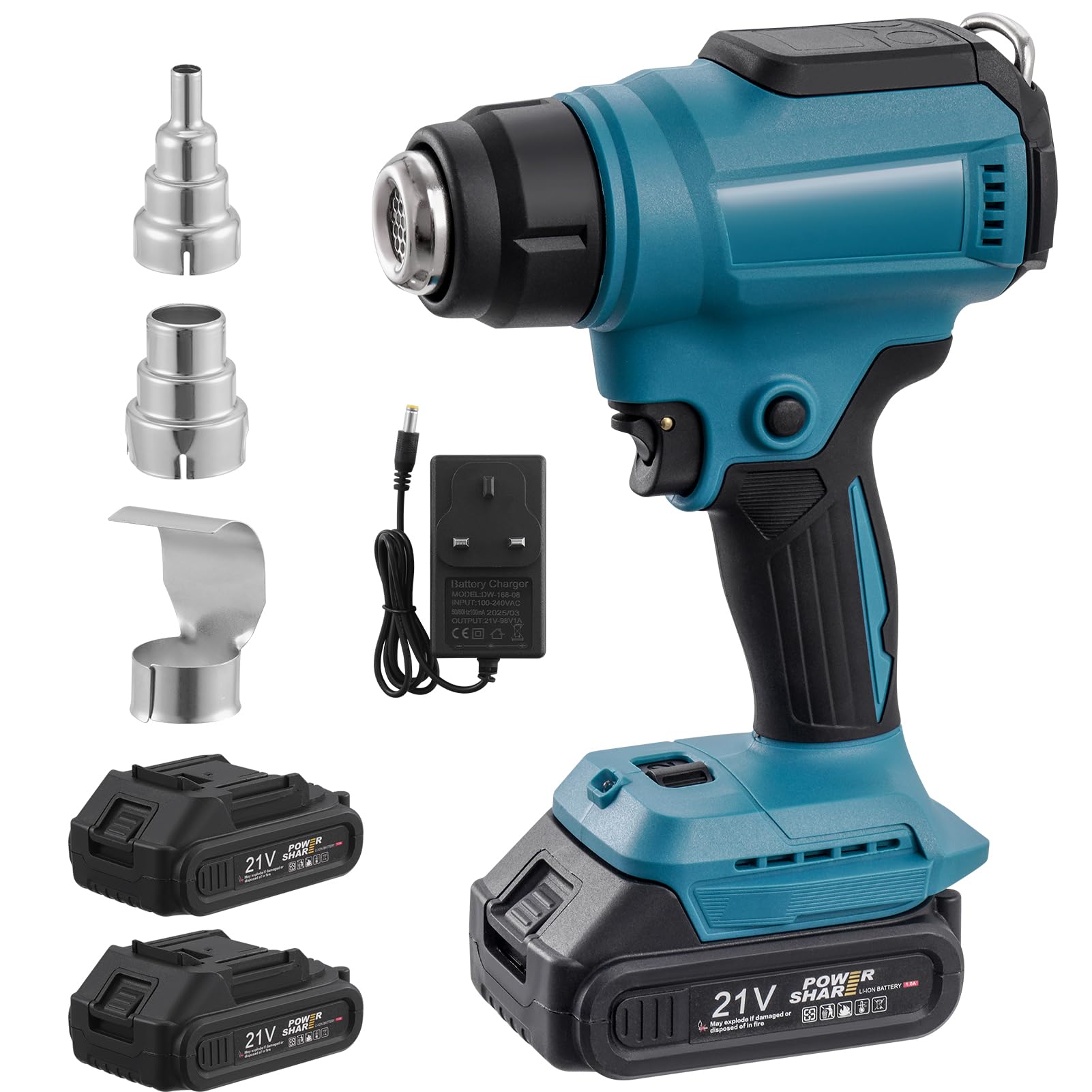 Heat Gun with 2 * 1500mAh Battery&Charger, wowspeed 21V Cordless Hot Air Gun Kit with 3 Nozzle, 0-1500RPM, 400℃ & 550℃ Dual-Temperature Settings, Battery Heat Gun for Crafts, Shrinking PVC, Welding