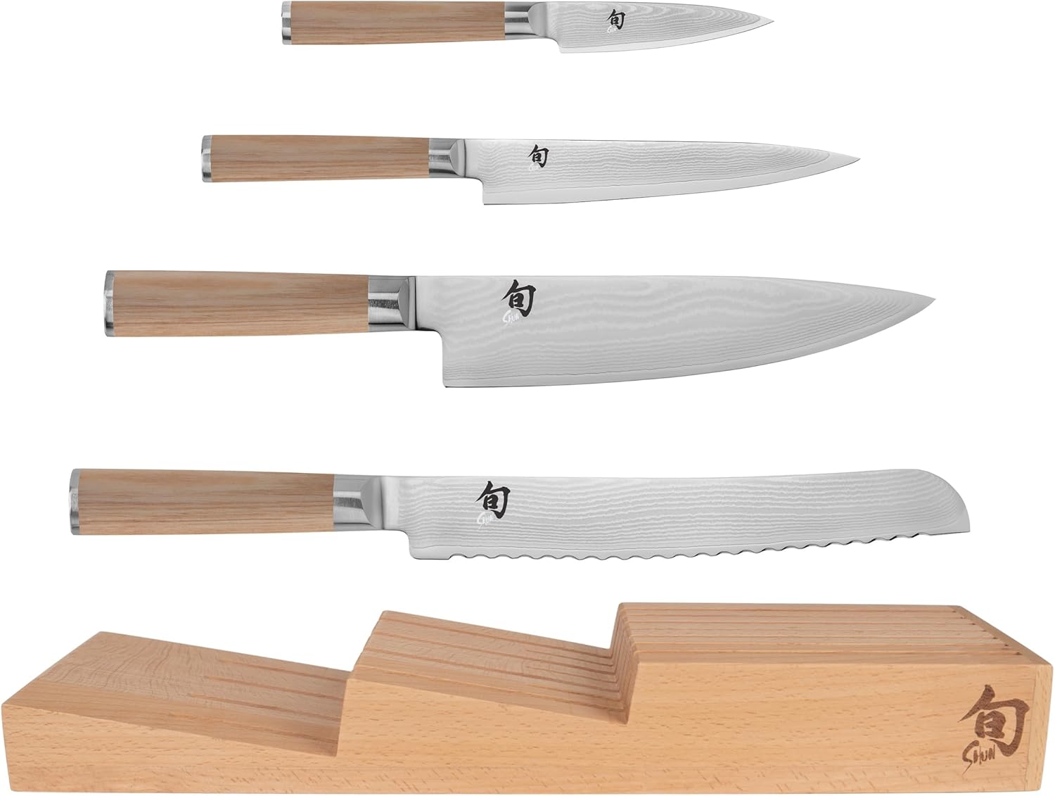 Shun Classic Blonde 5 Piece In-Drawer Set, 8" Chef's Knife, 3.5" Paring Knife, 6" Utility Knife & 9" Bread Knife, Handcrafted Japanese Knife Set, Damascus Stainless Steel Cladding, Pakkawood Handle