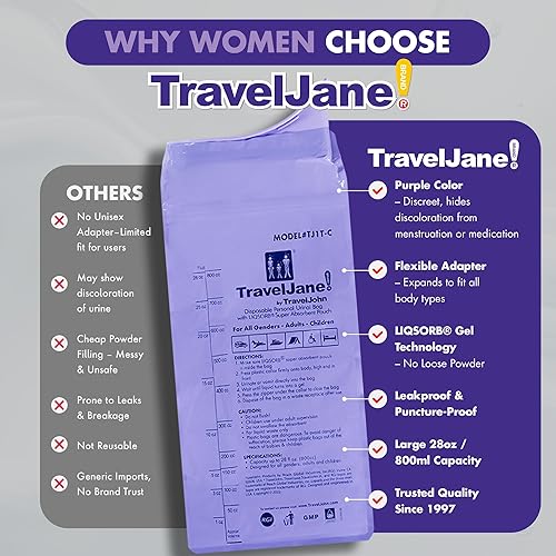 Vista 6 de TravelJane - Orinal desechable resellable para todos los géneros, adultos y niños (paquete de 6) diseñado para emergencias, viajes, camping, viajes