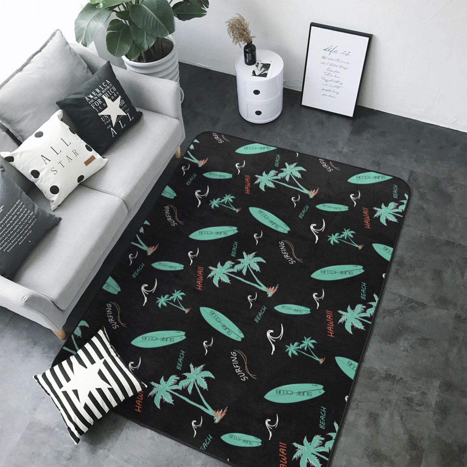 Tapis de salon lavable vert doux anti-taches motif surf