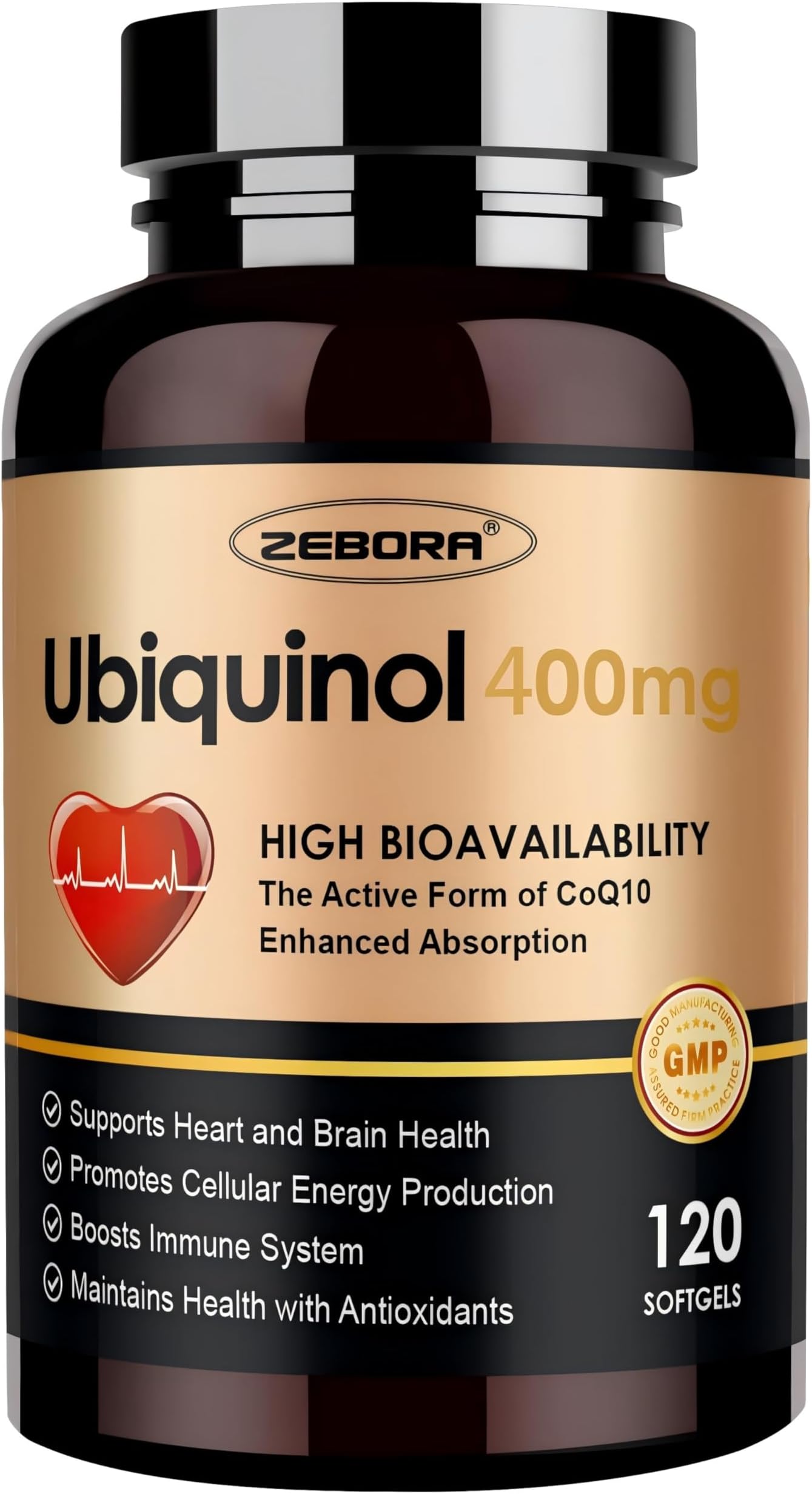 ZEBORA Ubiquinol CoQ10 400mg Softgels with Vitamin C & Vitamin E & Selenium, Max-Absorption, 4-in-1 Powerful Antioxidant, Supports Heart Health & Energy-Production,120 Softgels