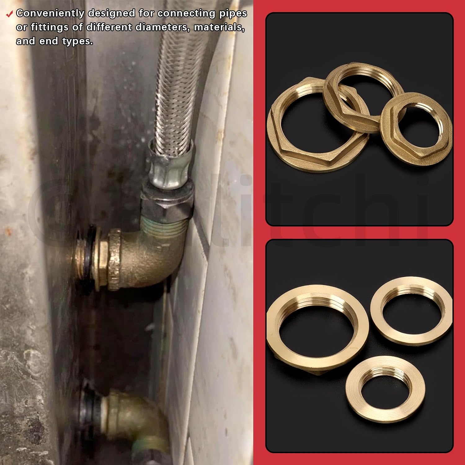 Hilitchi 6Pcs G1 G1/2 G3/4 Lock Nut with Flange, Hex Brass Female Lock Nut NPT Female Brass Flange Hex Lock Nut NPT Female Brass Fixing Cap Hex Brass Female Locknut Flange Hexagon Ring for Plumbing