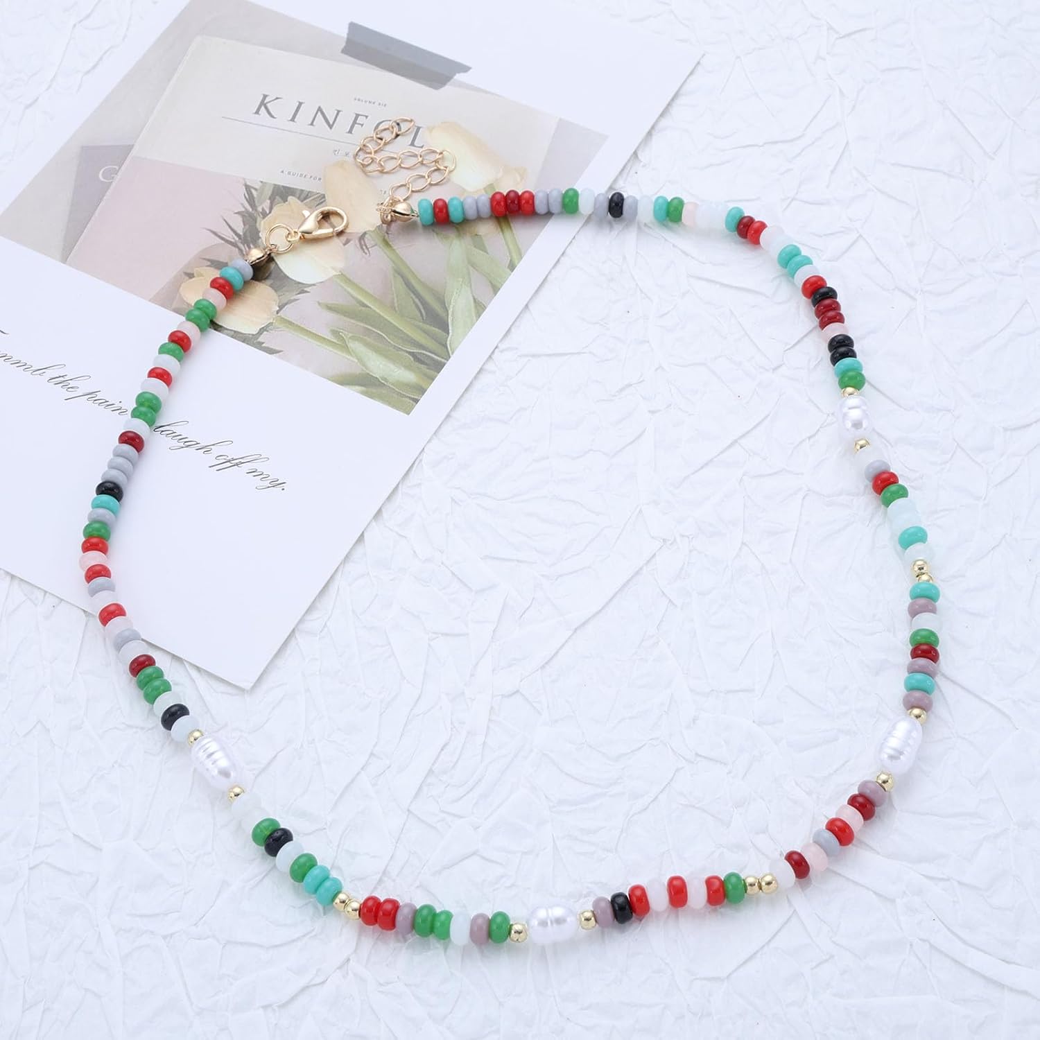 Boho Pearl Beaded Choker Necklace Colorful Seed Beads Chain Faux Baroque Pearl Collarbone Necklace Summer Rainbow Beads Hippie Necklace Jewelry for Women - Image 5