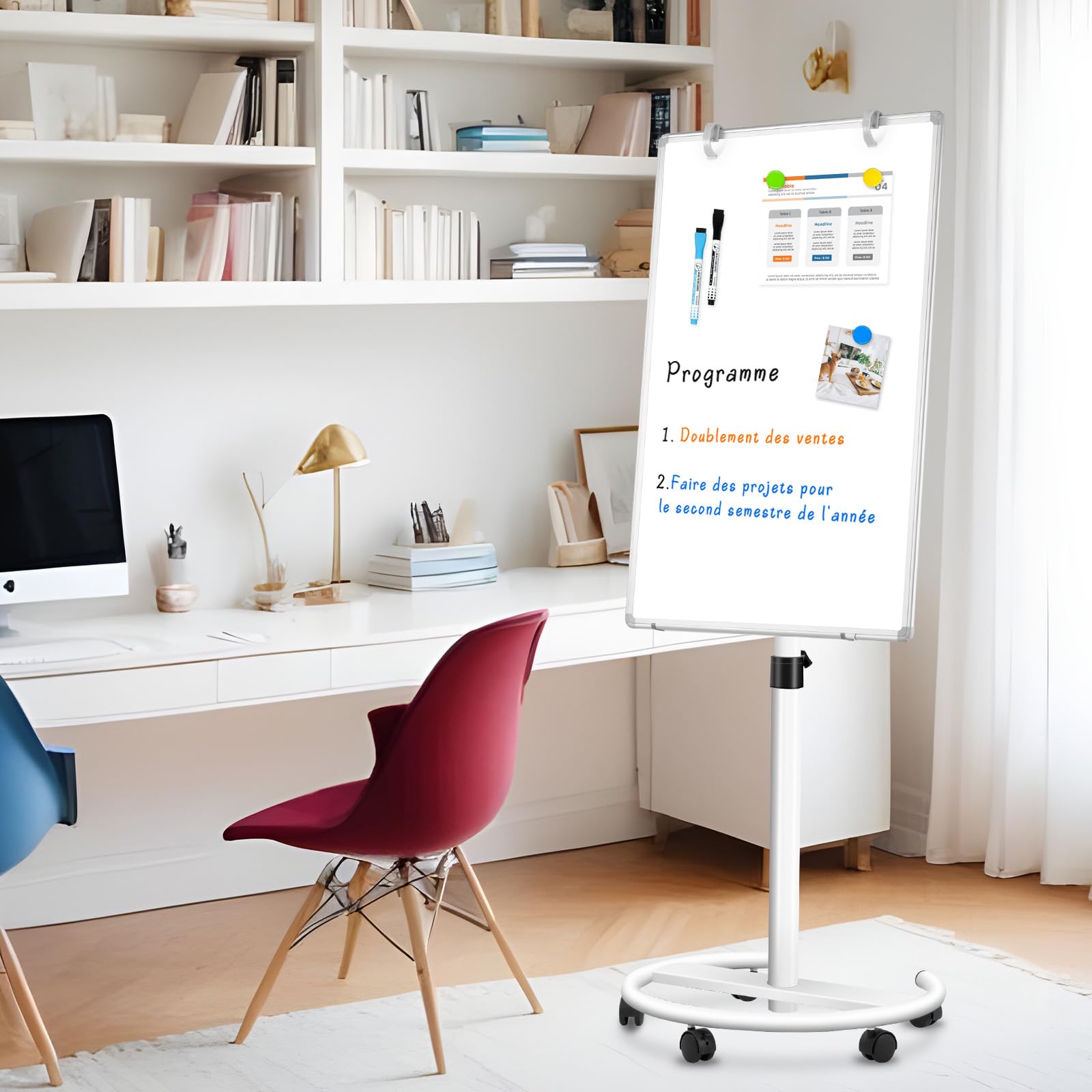 Tableau blanc mobile, magnétique, 60 x 90 cm, avec support, réglable en hauteur, pour bureau, cours