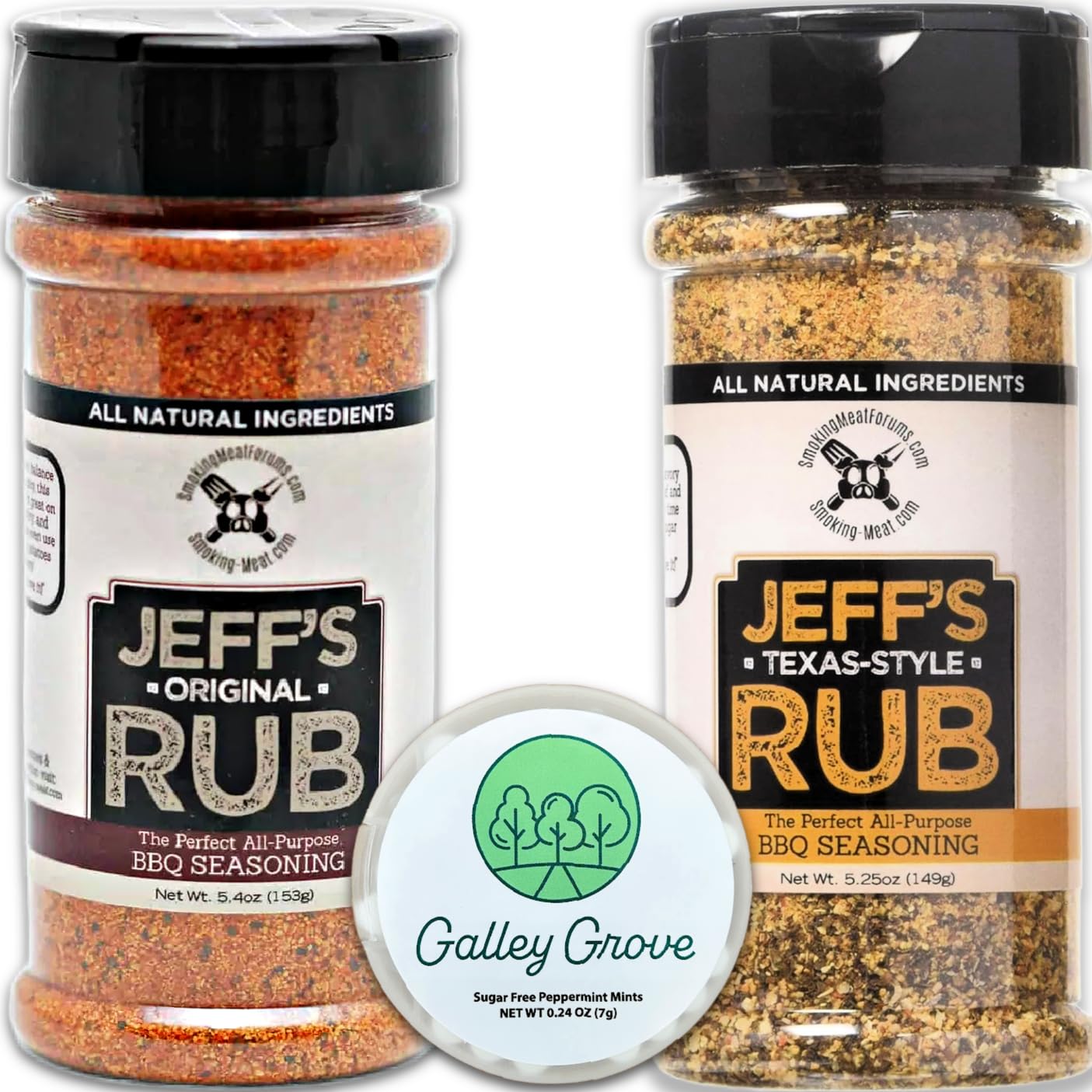 Jeff's Original Rub + Texas Style Rub BBQ Seasoning (2-Pack), Grill or Smoker - Pork, Chicken, Ribs, Brisket, Steak, Seafood, Vegetables - Bundle With Galley Grove Sugar-Free Breath Mints