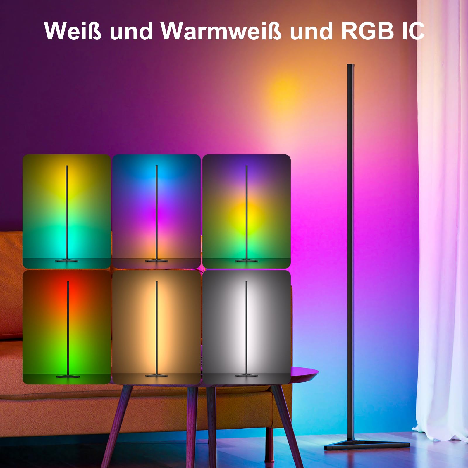 LED Stehlampe Wohnzimmer, 140cm Ecklampe RGB Dimmbar mit Fernbedienung und APP, 16 Millionen Farben, Musikmodi, DIY-Modus & Timing -Funktion für Schlafzimmer, Spielzimmer, Büro, Lesesaal