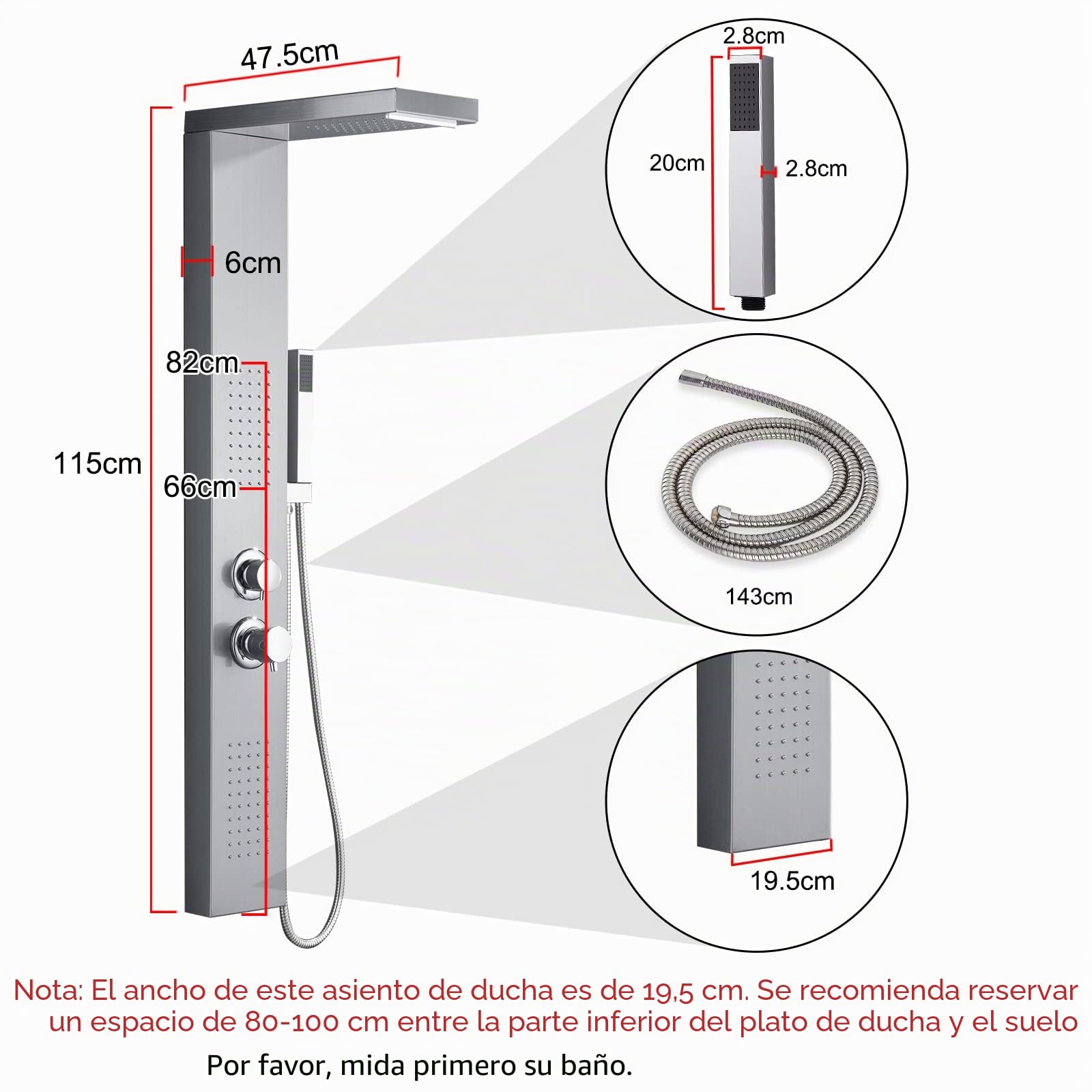 YUENFONG Panel de Ducha de Acero Inoxidable - Columna con Alcachofa de Mano, Efecto Lluvia, Masaje y Cascada Plateado