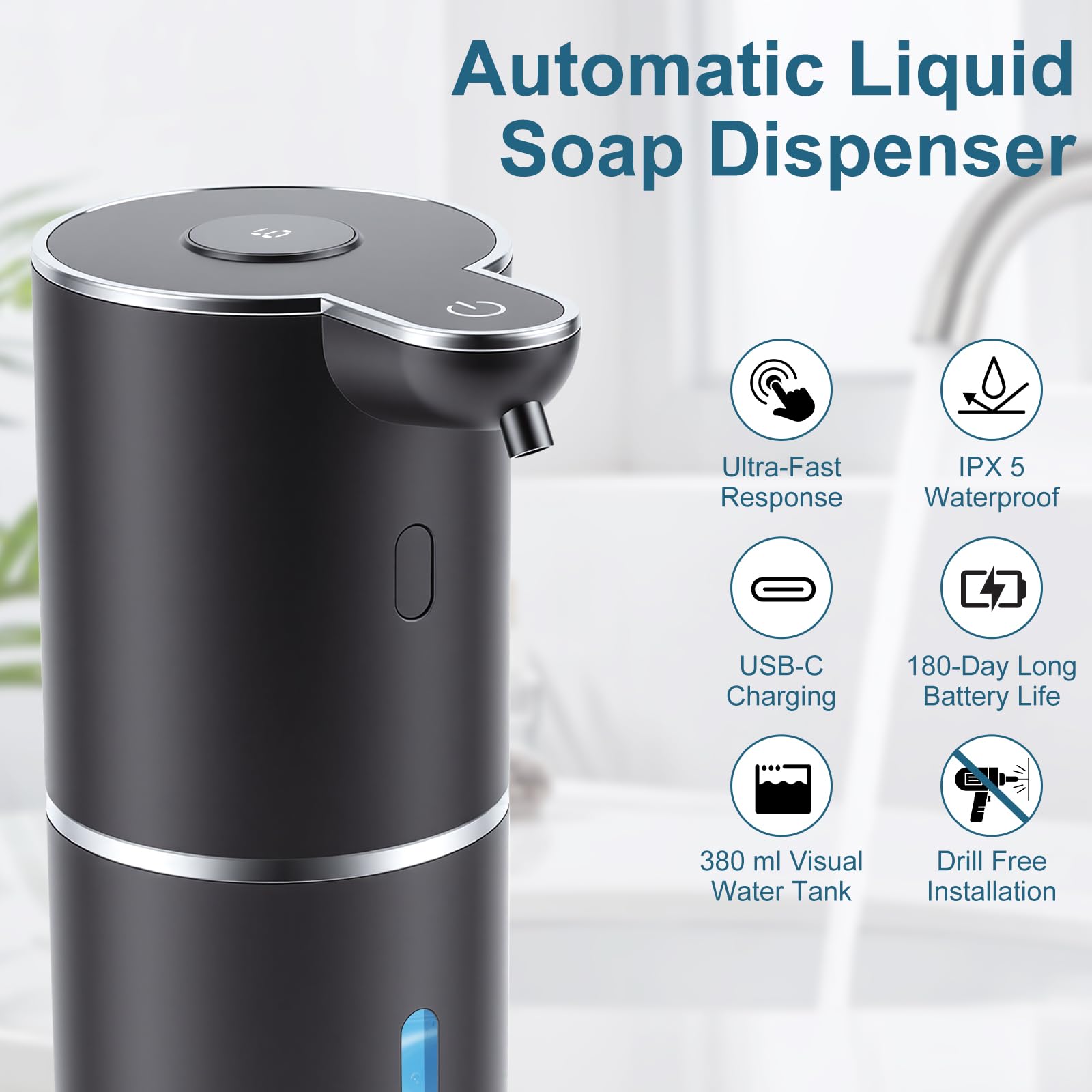Dispenser di sapone automatico 380ml Dispenser di sapone liquido ricaricabile intelligente senza contatto a 6 livelli (nero)